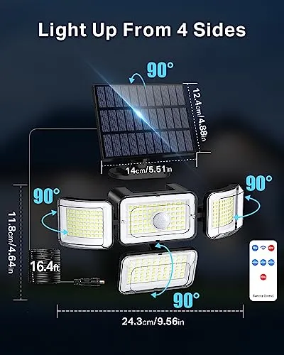 CLAONER Solar Outdoor Lights Motion Sensor 3500LM 288 LED Solar Security Lights with Remote Control IP67 Waterproof 4 Heads Solar Flood Lights with 16.4ft Cable 4 Modes Solar Wall Lights(2 Pack)