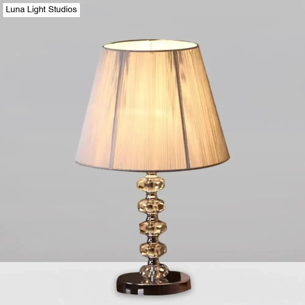 Classic Chrome Crystal Night Lamp with Round Faceted Design & Conical Fabric Shade - Ideal for Bedroom Desk