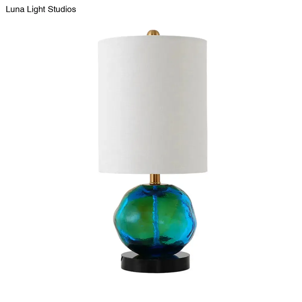 Contemporary Fabric Cylinder Table Light with Green Glaze Deco - White Night Lamp