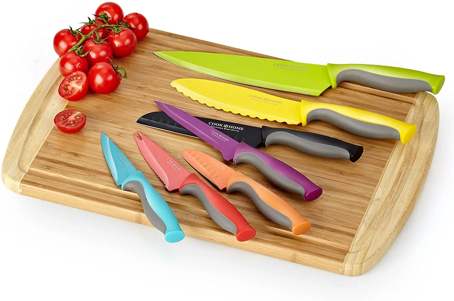 Cook N Home 14-Piece Coated Stainless Steel Knives, Comes with 7-Knife and 7-Blade Guards, Color Coded to Reduce Risk of Cross Contamination