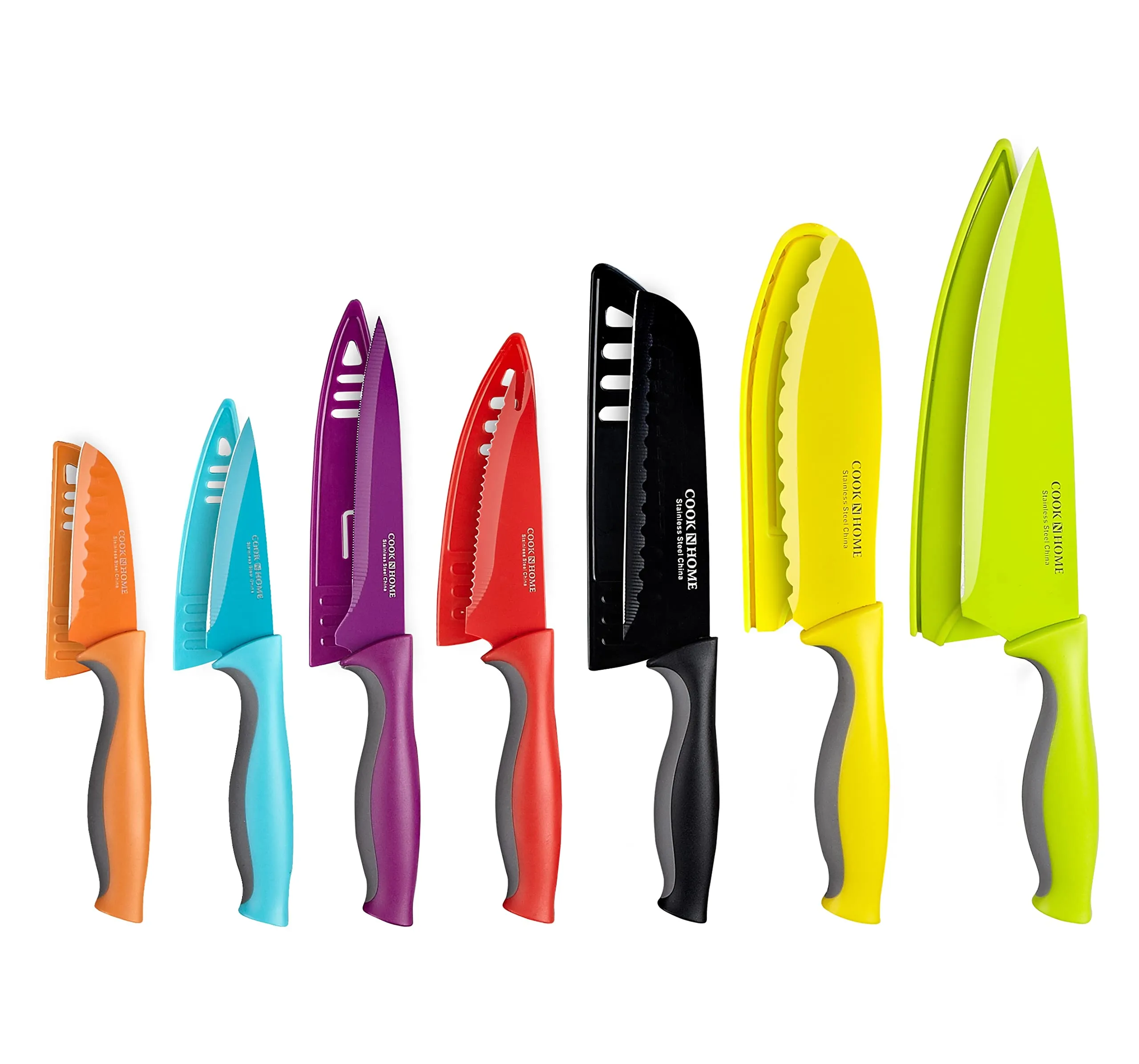 Cook N Home 14-Piece Coated Stainless Steel Knives, Comes with 7-Knife and 7-Blade Guards, Color Coded to Reduce Risk of Cross Contamination