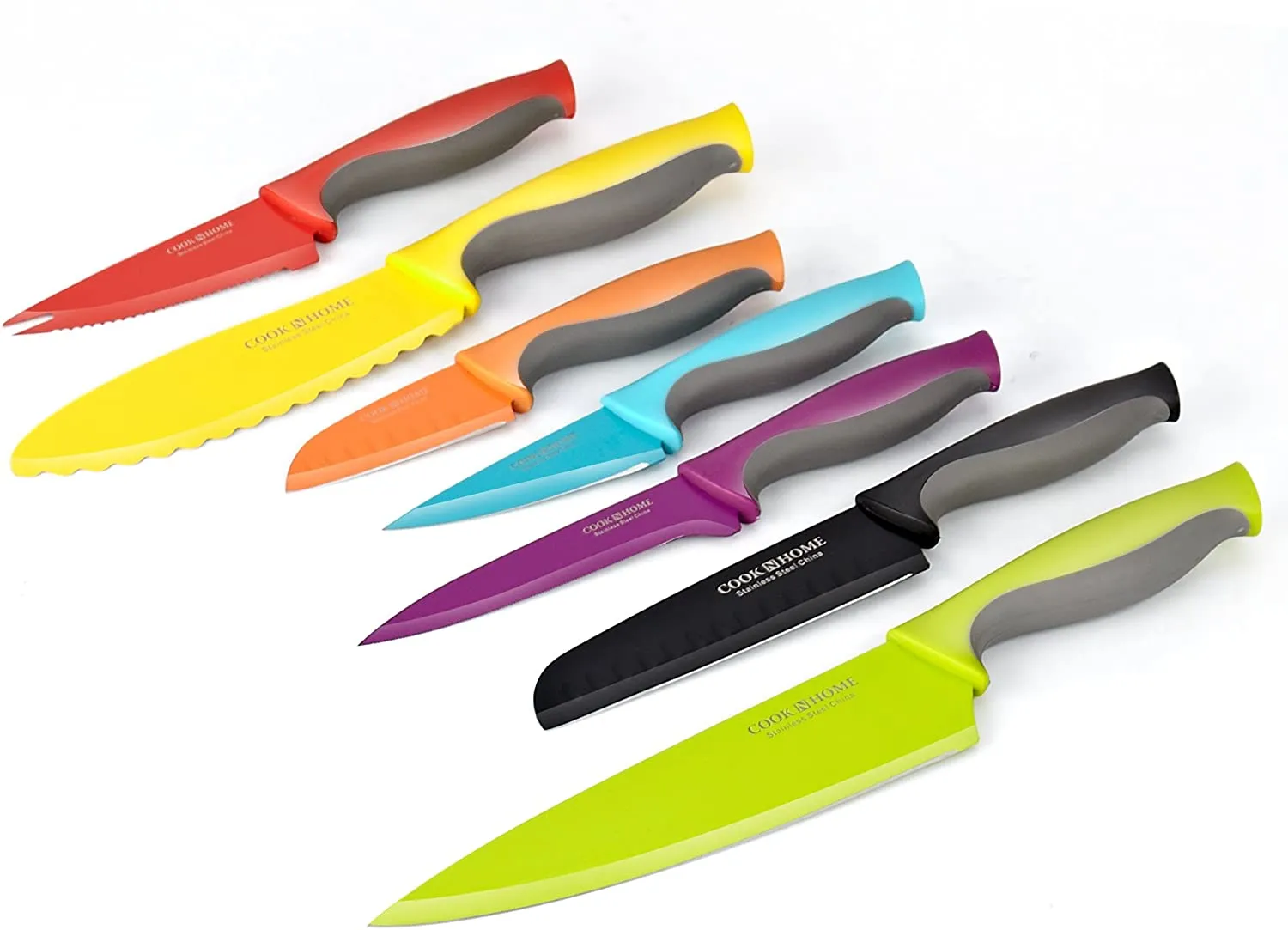 Cook N Home 14-Piece Coated Stainless Steel Knives, Comes with 7-Knife and 7-Blade Guards, Color Coded to Reduce Risk of Cross Contamination