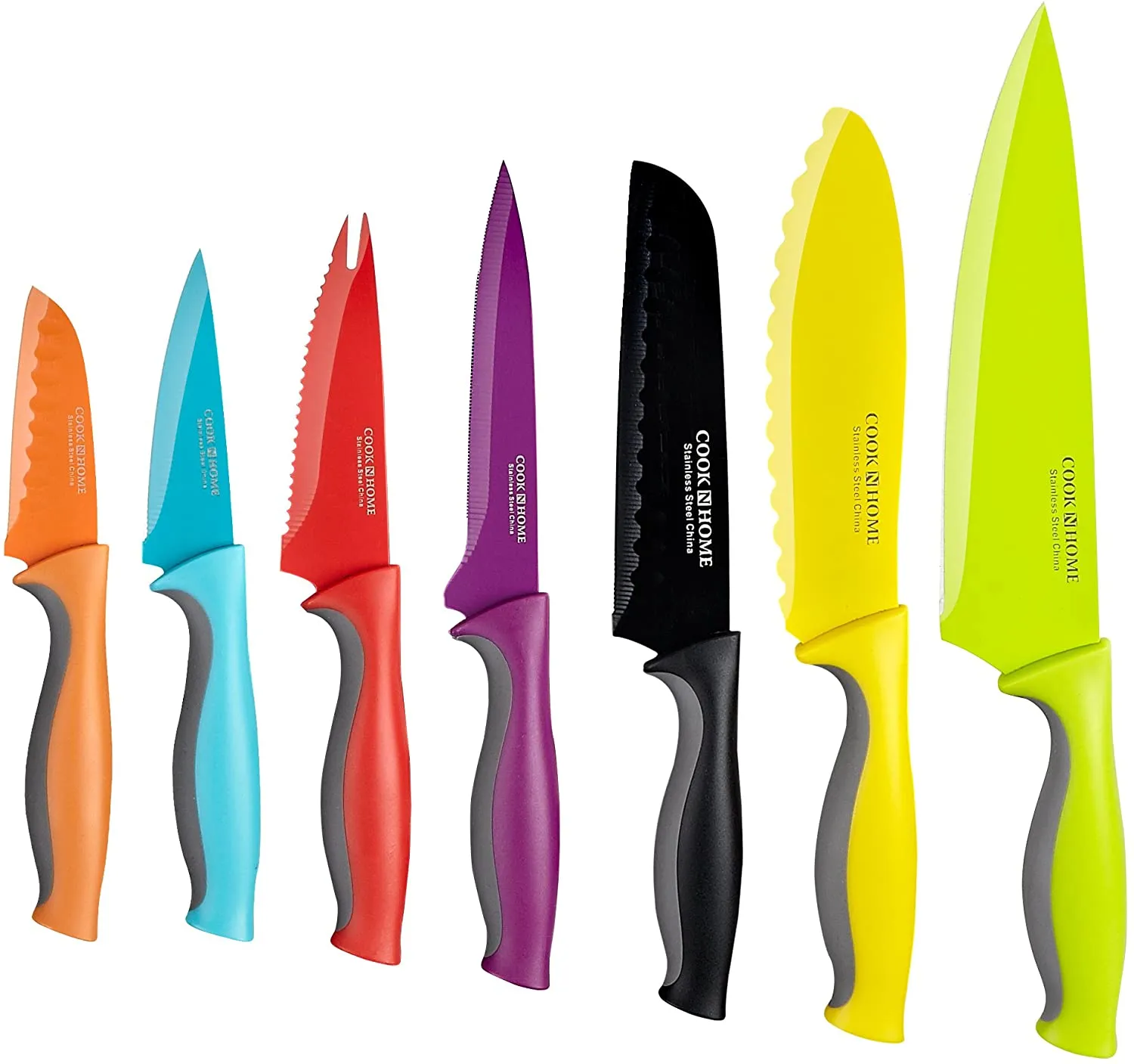 Cook N Home 14-Piece Coated Stainless Steel Knives, Comes with 7-Knife and 7-Blade Guards, Color Coded to Reduce Risk of Cross Contamination