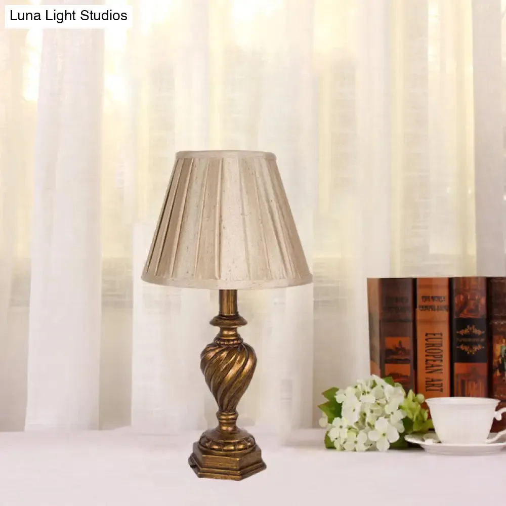 Country Style Beige Fabric Pleated Shade Nightstand Light for Bedroom - 1-Head Night Lighting with Resin Font Base