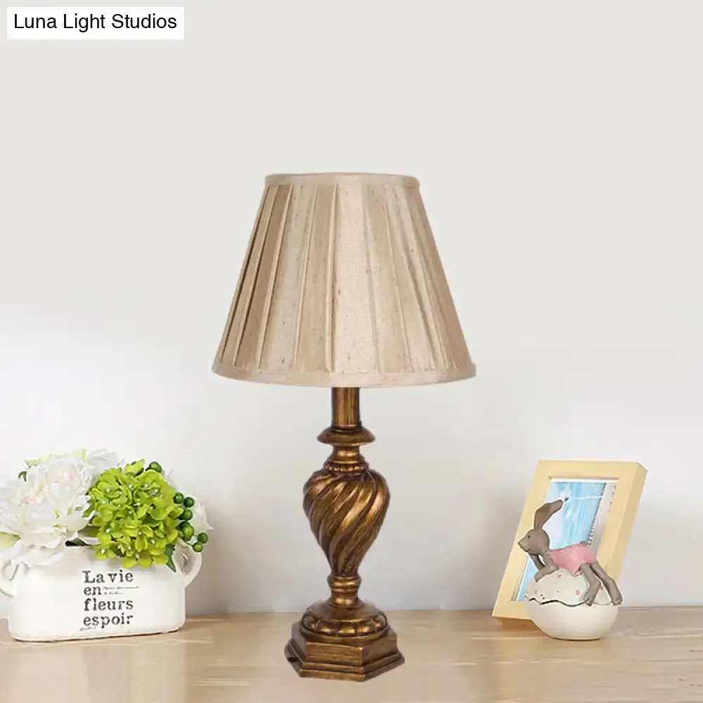 Country Style Beige Fabric Pleated Shade Nightstand Light for Bedroom - 1-Head Night Lighting with Resin Font Base