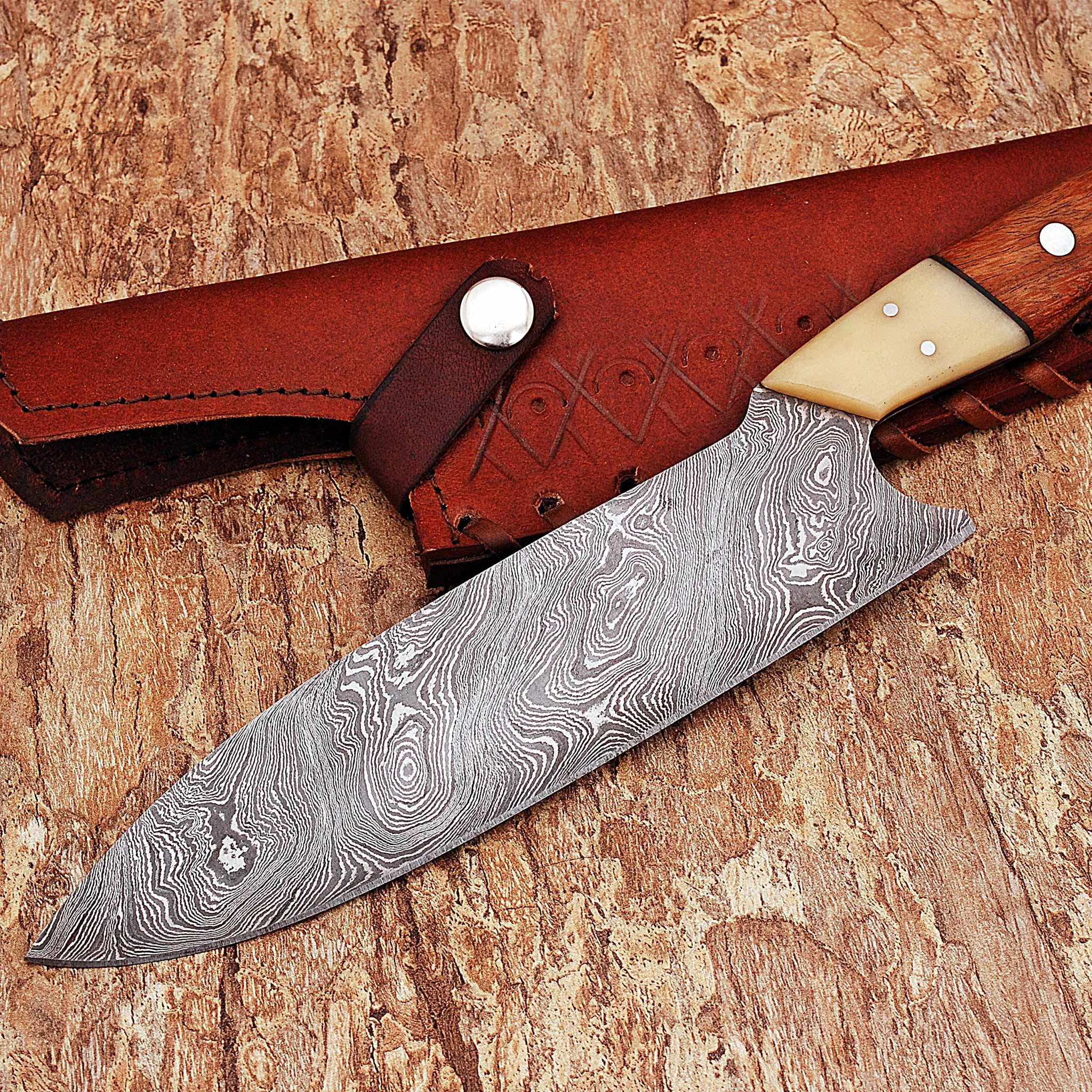 Damascus Chef Knife Twisted Pattern with Bone & Rosewood Handle KCF1102RED