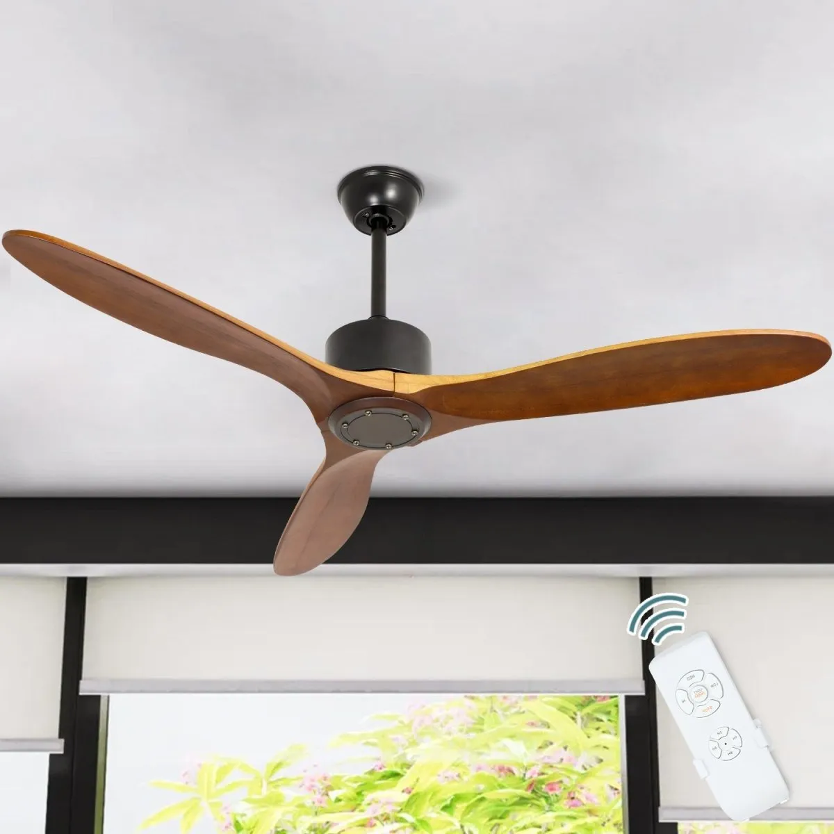 Depuley 52'' Ceiling Fan, Indoor Ceiling Fan with Remote Two Downrods, Solid Rubber Wood 3-Blade Ceiling Fans, AC Motor Retro Wood Ceiling Fan Without Light for Living Room & Covered Outdoor, Timer, Brown