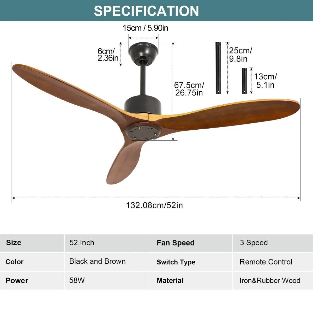 Depuley 52'' Ceiling Fan, Indoor Ceiling Fan with Remote Two Downrods, Solid Rubber Wood 3-Blade Ceiling Fans, AC Motor Retro Wood Ceiling Fan Without Light for Living Room & Covered Outdoor, Timer, Brown