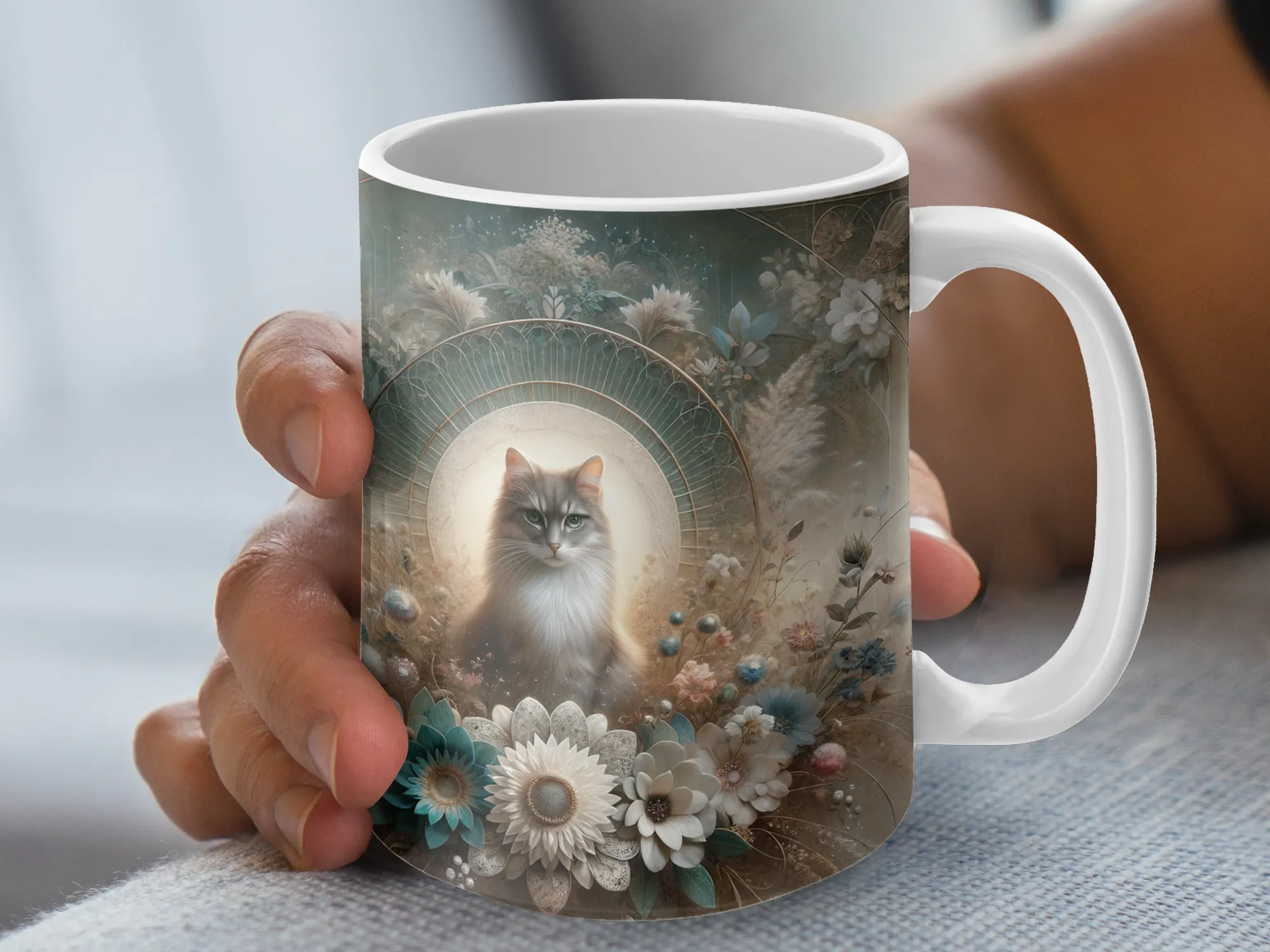 Detailed Cat Design w/ splashes of teal, custom mug, cat lover gift, cat mug, cat owner gift, gift for cat mom, silly cats