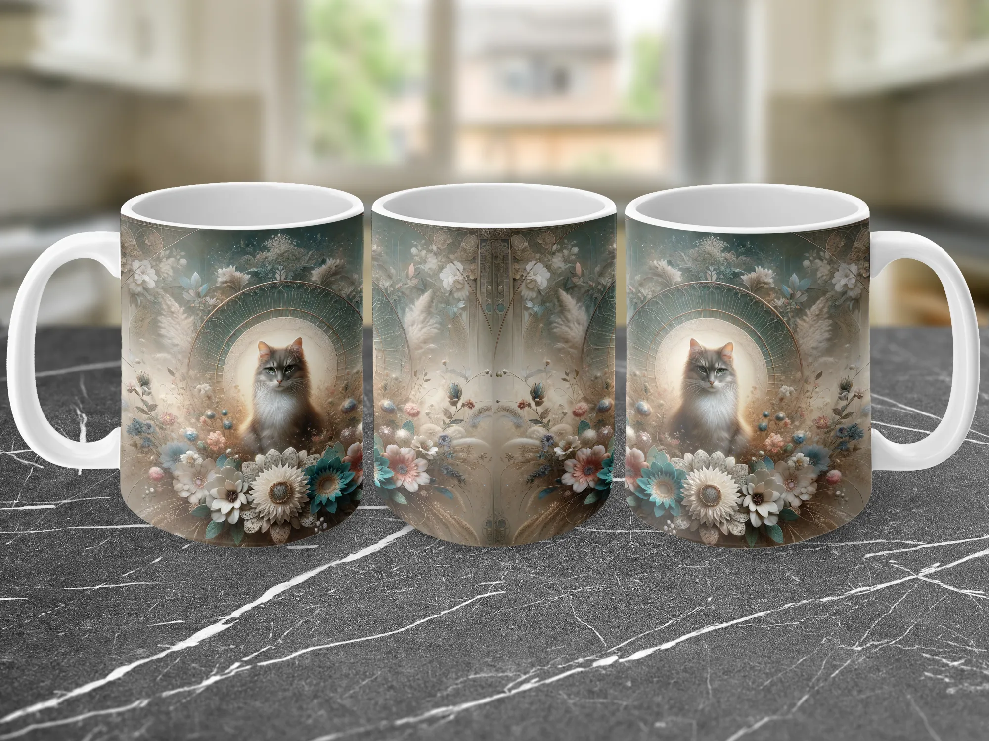 Detailed Cat Design w/ splashes of teal, custom mug, cat lover gift, cat mug, cat owner gift, gift for cat mom, silly cats