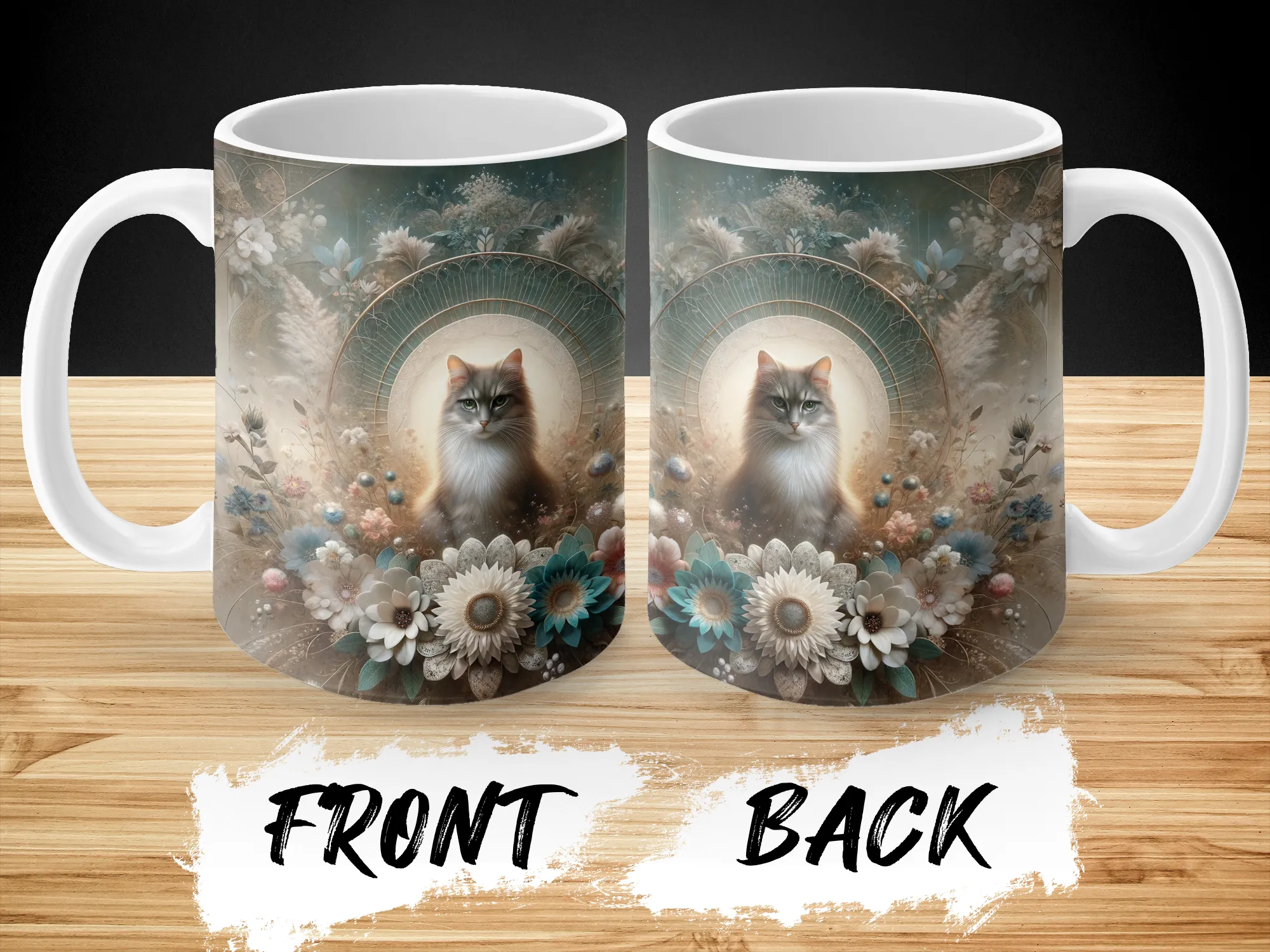 Detailed Cat Design w/ splashes of teal, custom mug, cat lover gift, cat mug, cat owner gift, gift for cat mom, silly cats