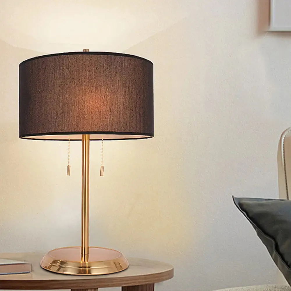 Drum Desk Lamp with Traditional Design - Black/White/Gold Fabric, Ideal for Bedroom - Metal Base