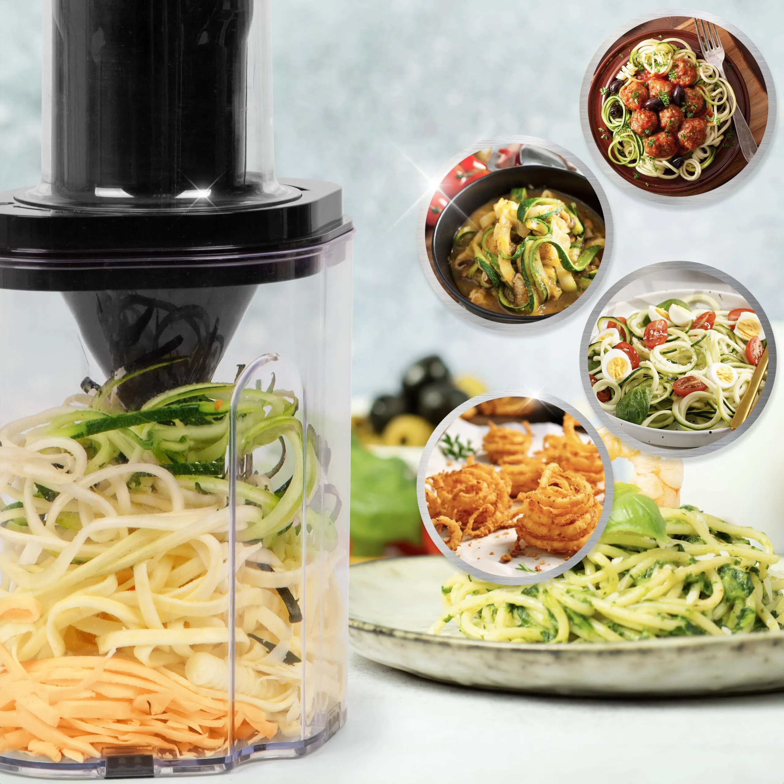 Duronic Vegetable Spiraliser HBS35 - 3 Blade Sizes For HB35 Hand Blender, 1.4L Capacity, Lightweight Compact Ideal for Veggie Pasta, Zucchini, and Carrot Spaghetti