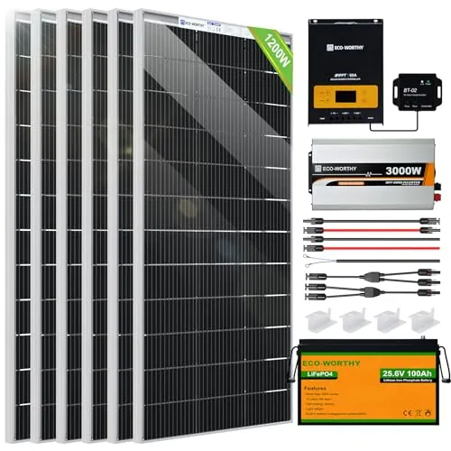 ECO-WORTHY 1200W 24V 5.52KWH MPPT Lithium Battery Solar System Off Grid RV Home: 6pcs 195W Solar Panels   60A MPPT Charge Controller   25.6V 100Ah Lithium Battery   3000W Pure Sine Wave Inverter