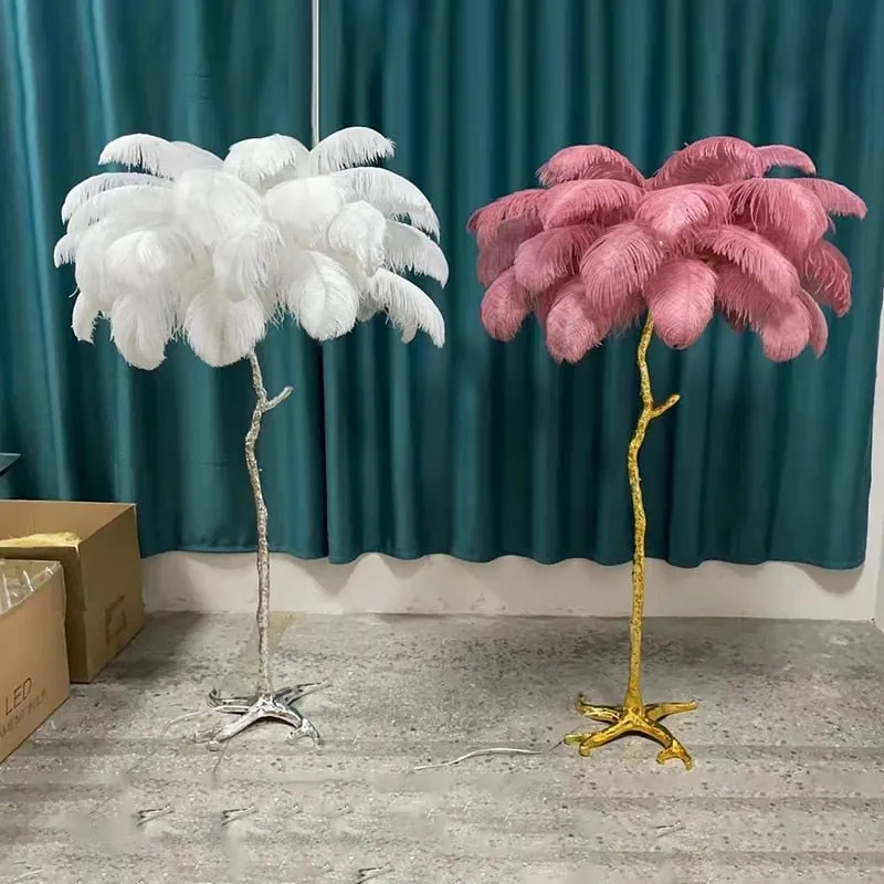 Elegant Ostrich Feather LED Floor Lamp with Copper Base