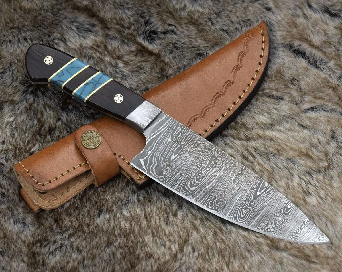 Epicurian Damascus Chef Knife with Exotic Wenge Wood & Turquoise Handle