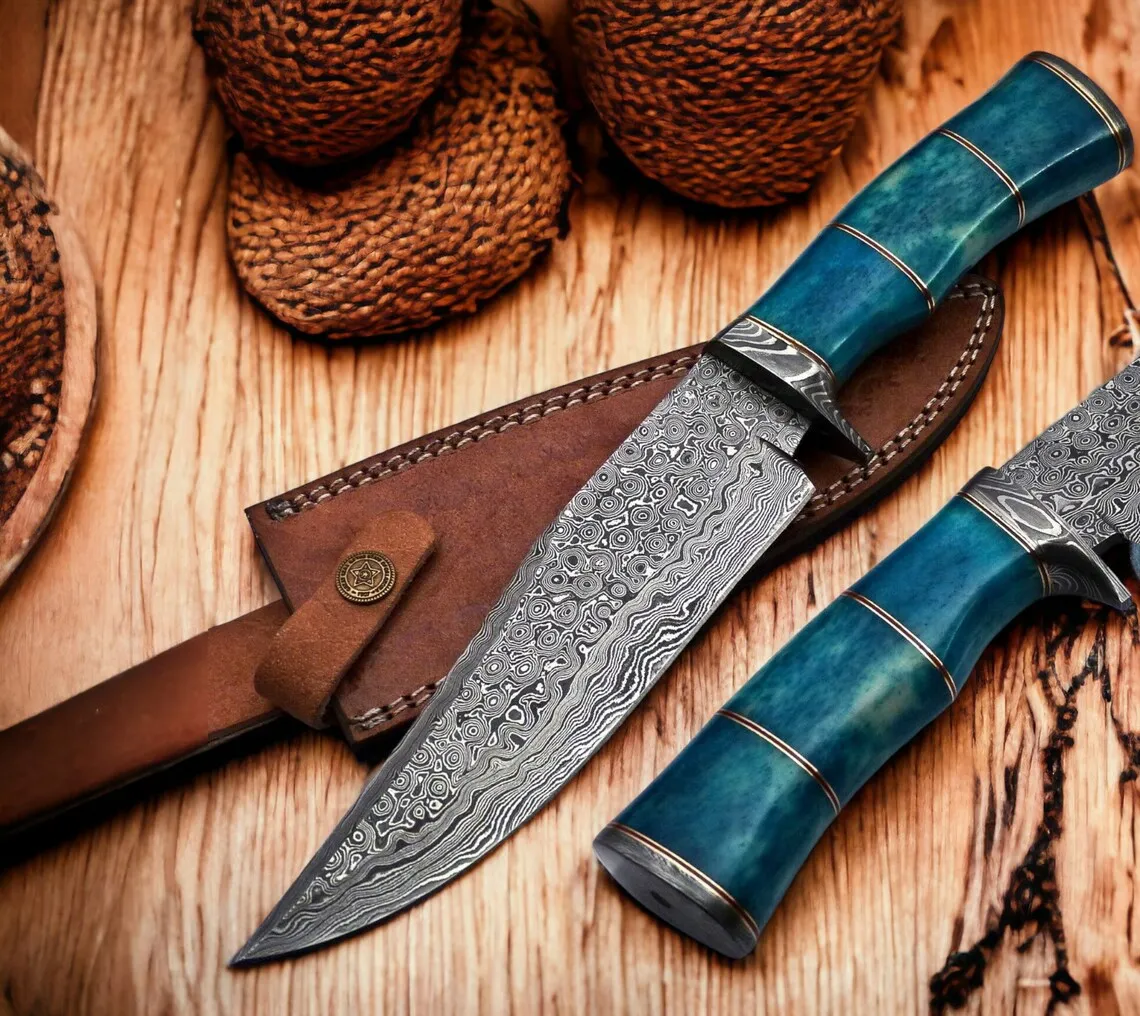 Exquisite Custom Handmade Damascus Steel Bowie Knife – 15” with Camel Bone Handle, Damascus Steel Guard & Leather Sheath