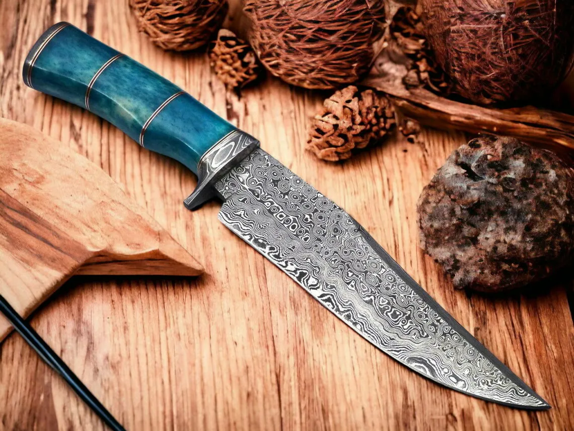 Exquisite Custom Handmade Damascus Steel Bowie Knife – 15” with Camel Bone Handle, Damascus Steel Guard & Leather Sheath