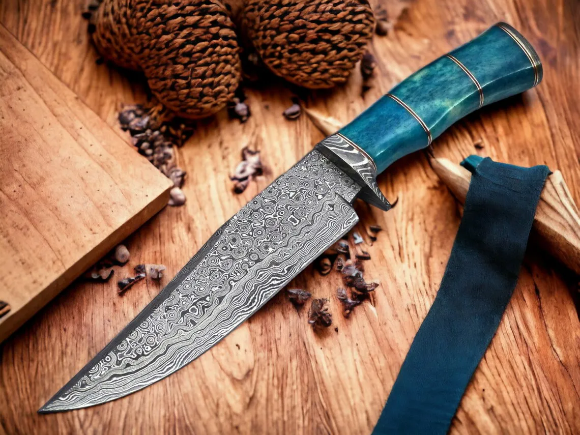 Exquisite Custom Handmade Damascus Steel Bowie Knife – 15” with Camel Bone Handle, Damascus Steel Guard & Leather Sheath