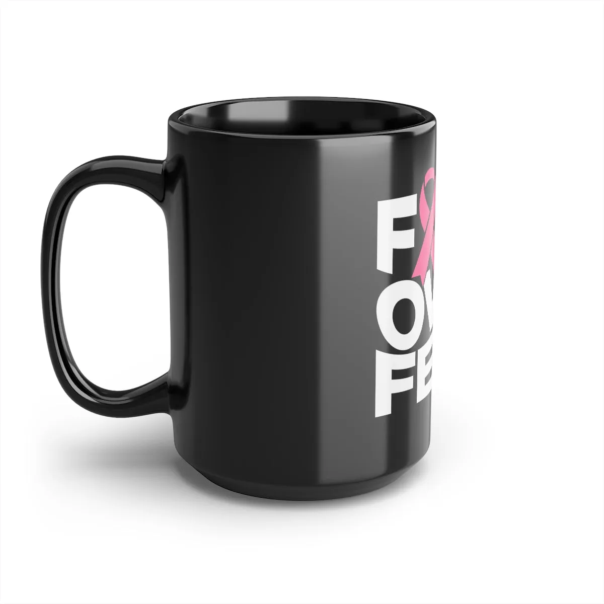 Faith Over Fear Black Coffee Mug with Pink Ribbon, 15oz