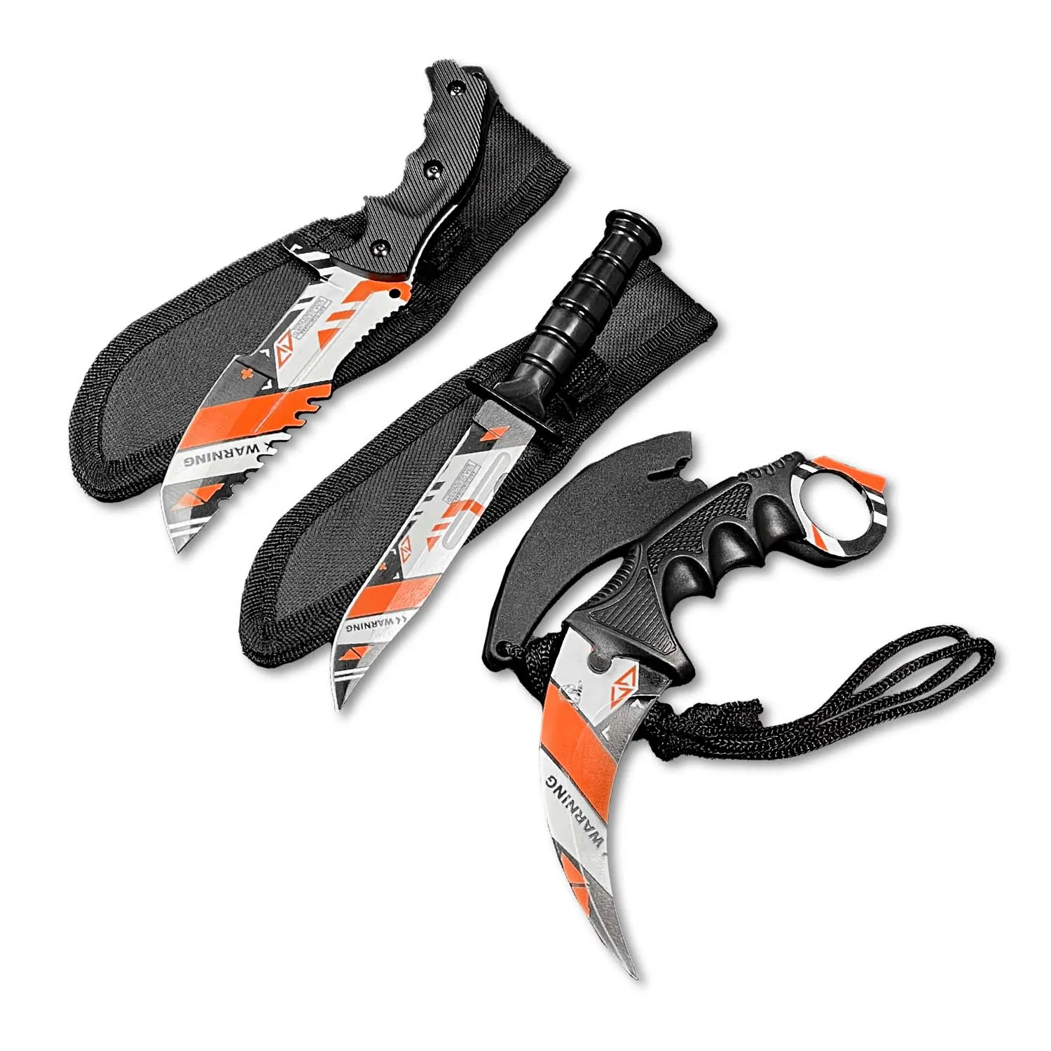 Falcon 3 PCS Orange & White Set. Tactical Knives & Karambit