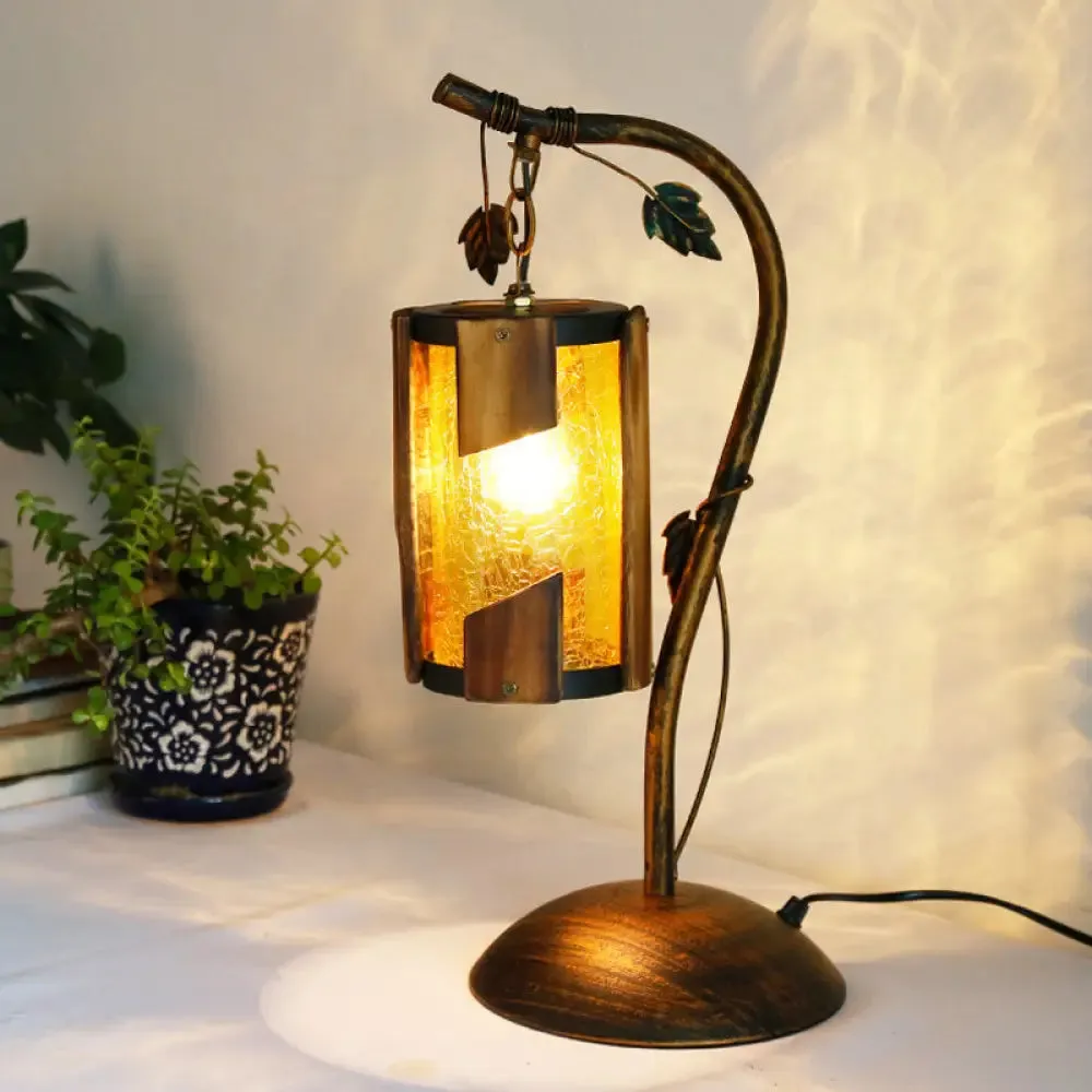 Farmhouse Brass Finish Desk Lamp with Yellow Crackle Glass Shade and Metal Branch Arm