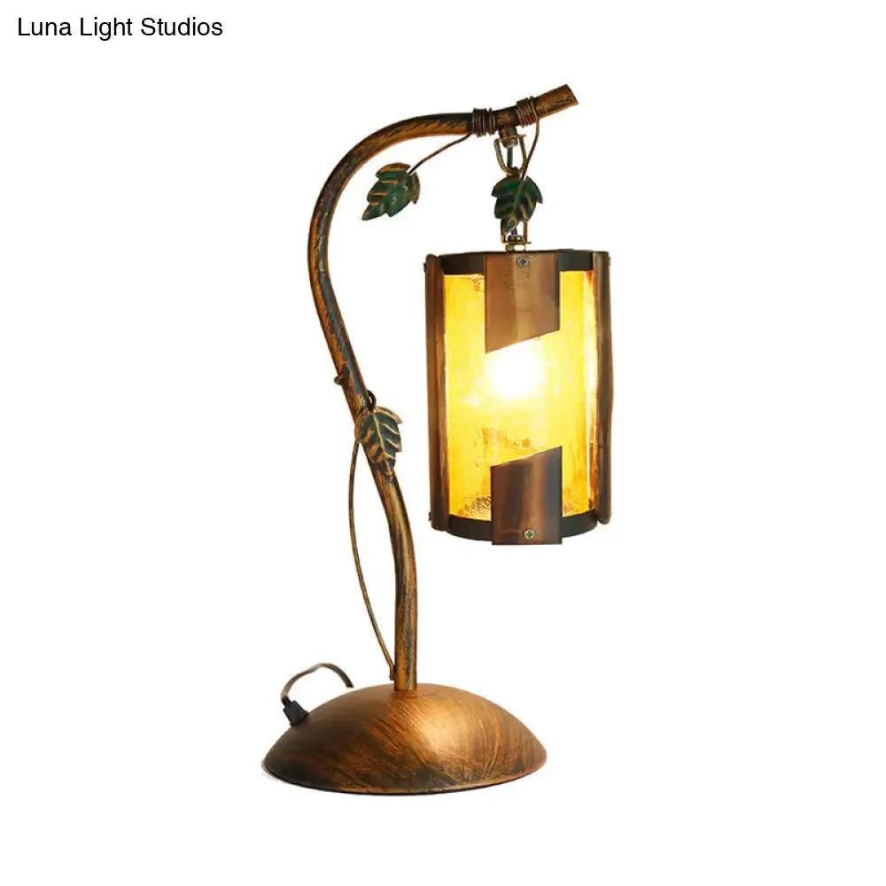 Farmhouse Brass Finish Desk Lamp with Yellow Crackle Glass Shade and Metal Branch Arm