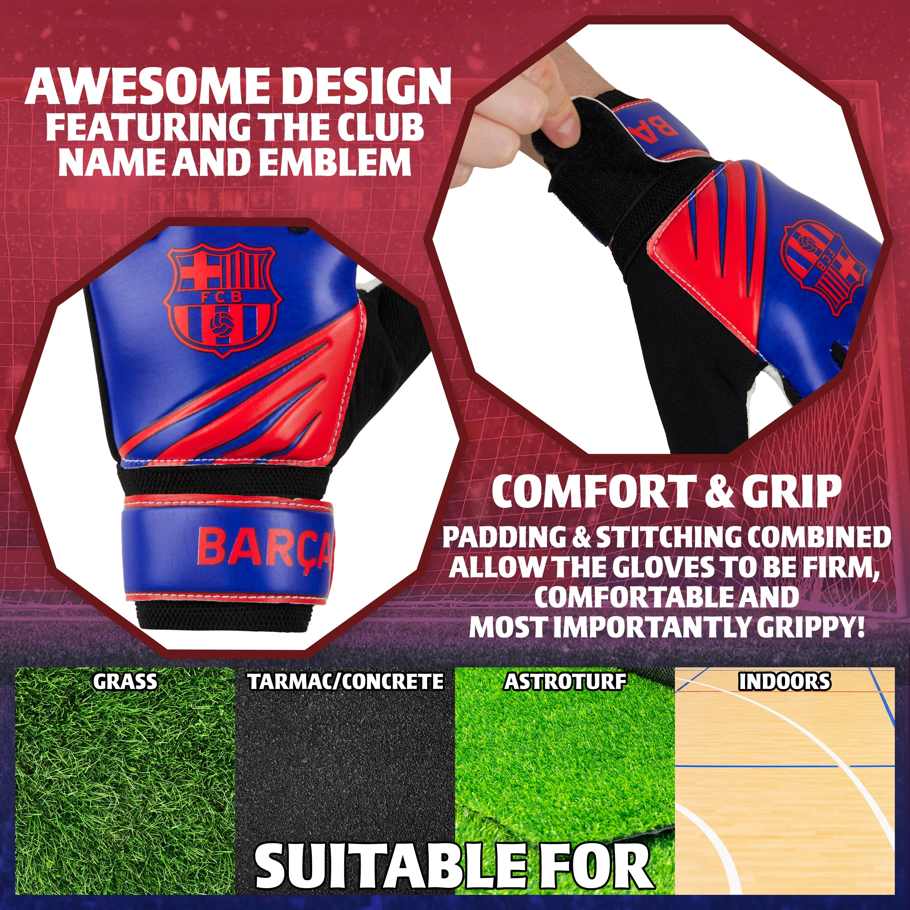 FC Barcelona Goalkeeper Gloves for Kids and Teenagers - Size 7