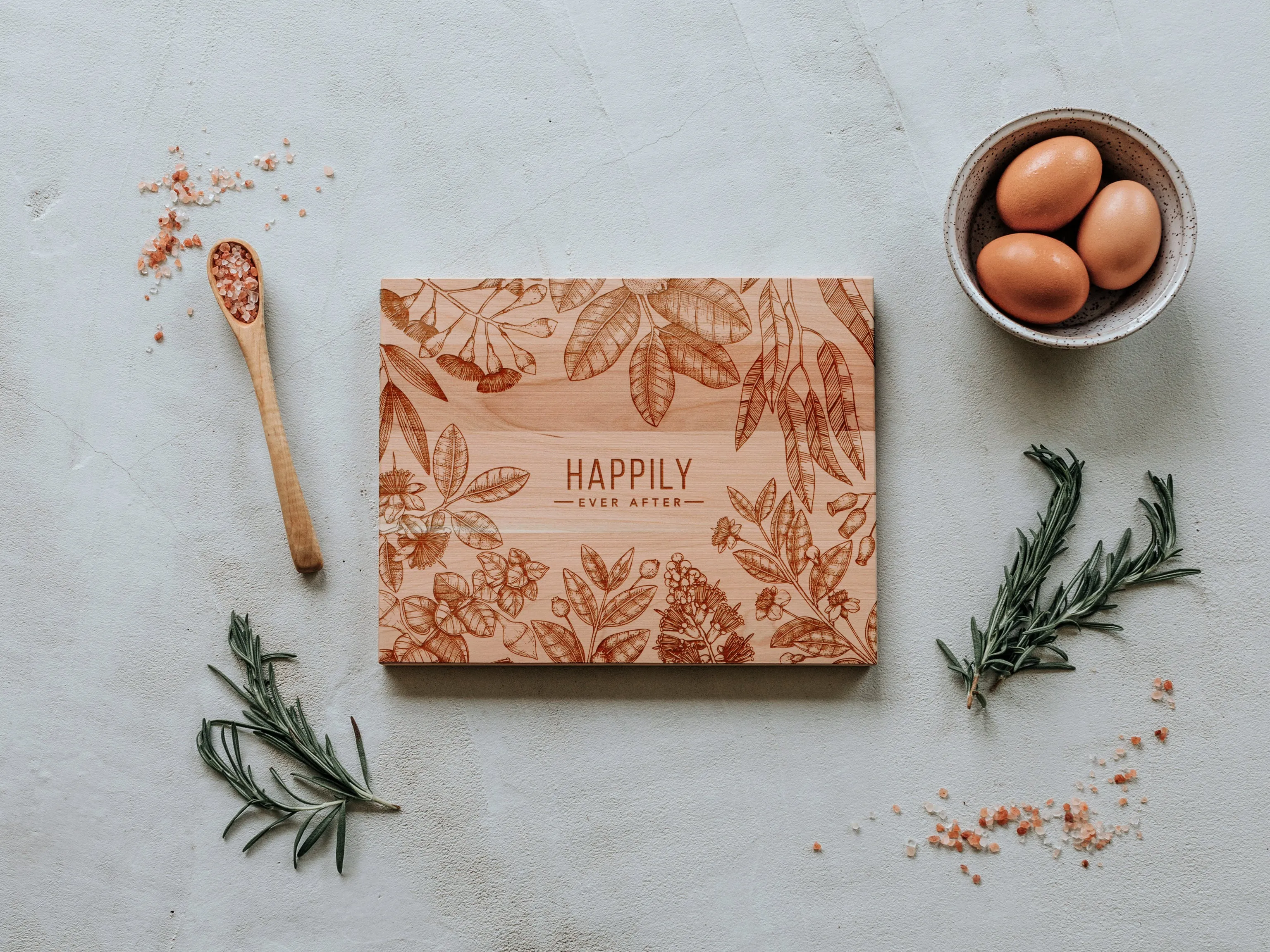 Floral Frame Happily Ever After Engraved Wooden Cutting Board