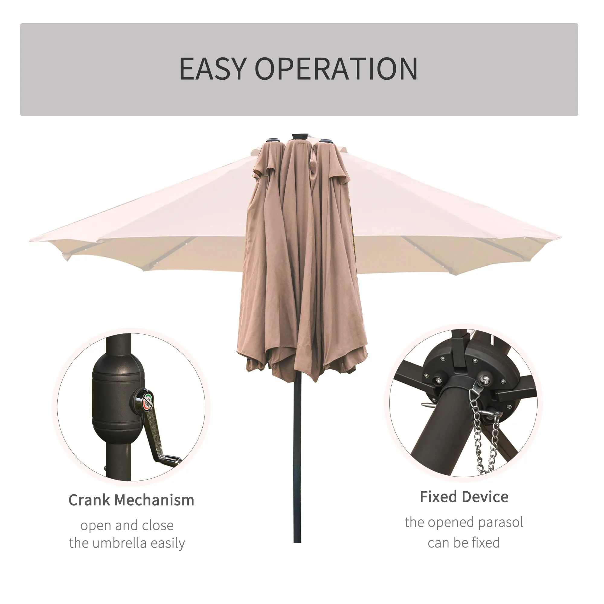 Garden Parasol 4.4m Double-Sided Sun Umbrella Patio Sun Shade Outdoor with LED Solar Light , Khaki