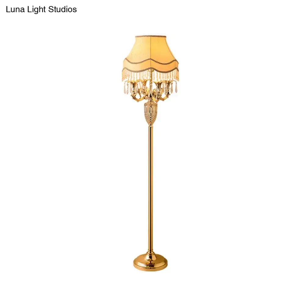 Gold Crystal Spears Floor Reading Lamp with Beige Fabric Shade