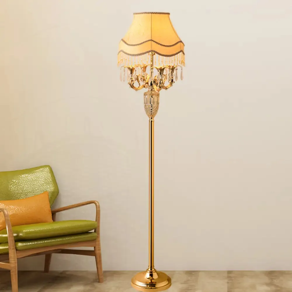 Gold Crystal Spears Floor Reading Lamp with Beige Fabric Shade