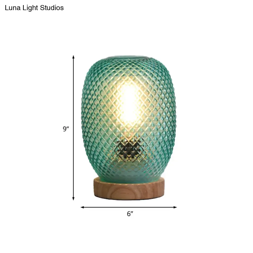 Green Glass Pineapple Night Table Lamp with Wood Base for Bedside Reading