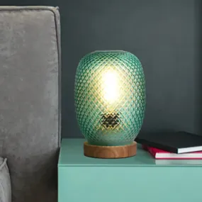 Green Glass Pineapple Night Table Lamp with Wood Base for Bedside Reading