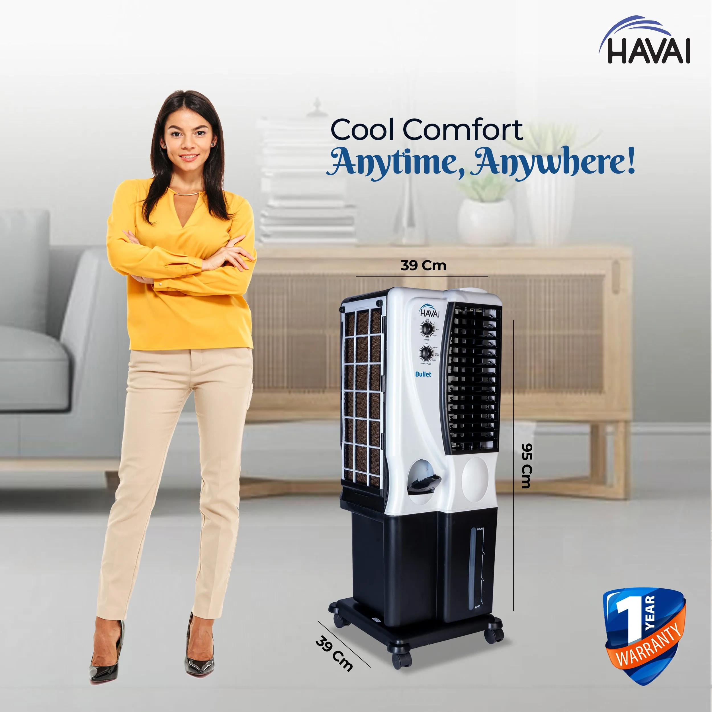 HAVAI Bullet Tower Cooler |6 Inch Vertical Blower |100 Sq Feet Area Coverage|20 Litre Tank Capacity, Two Side Honeycomb, 10 Feet Air Throw, 1 Year Warranty|3 Speed Control | White and Black Color