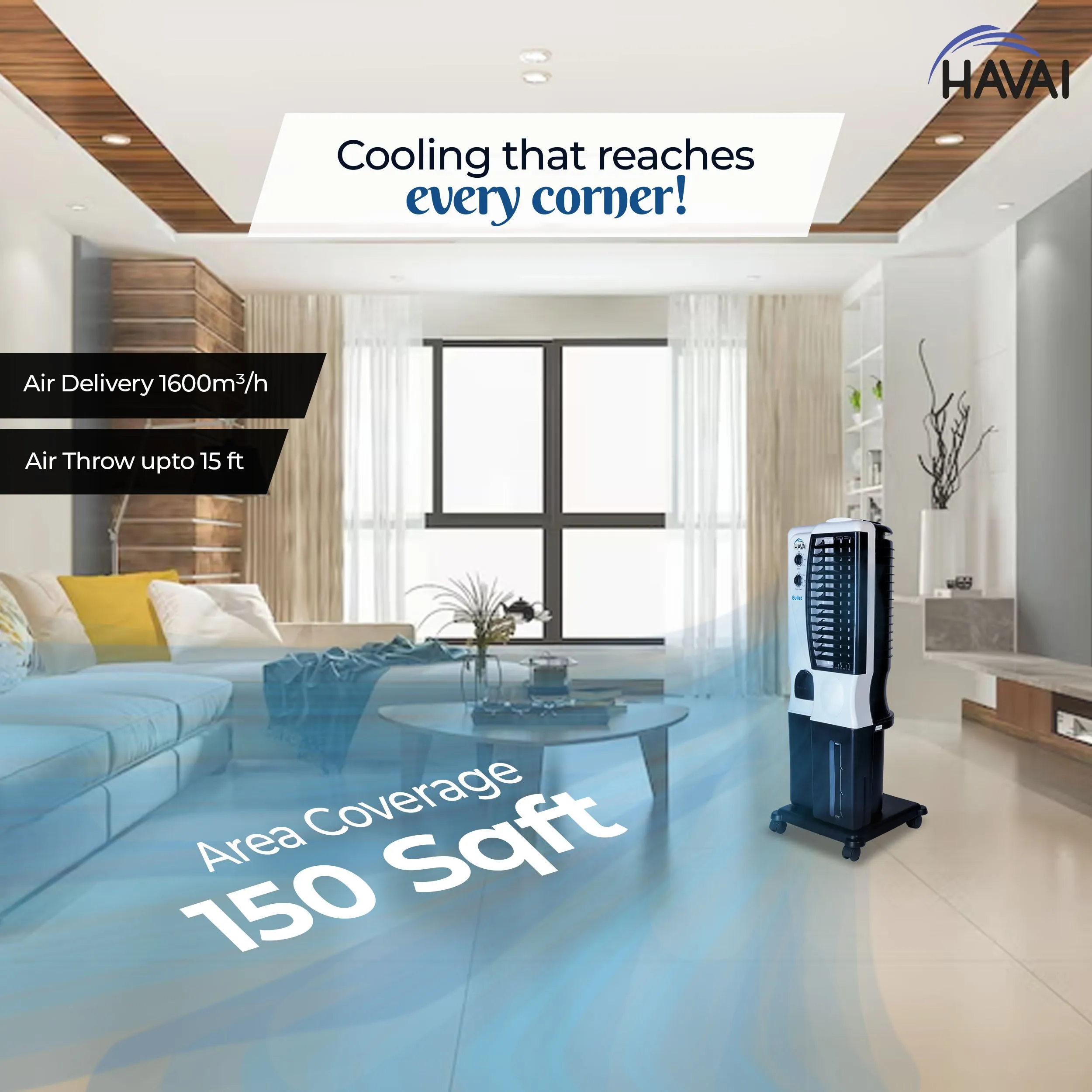 HAVAI Bullet Tower Cooler |6 Inch Vertical Blower |100 Sq Feet Area Coverage|20 Litre Tank Capacity, Two Side Honeycomb, 10 Feet Air Throw, 1 Year Warranty|3 Speed Control | White and Black Color