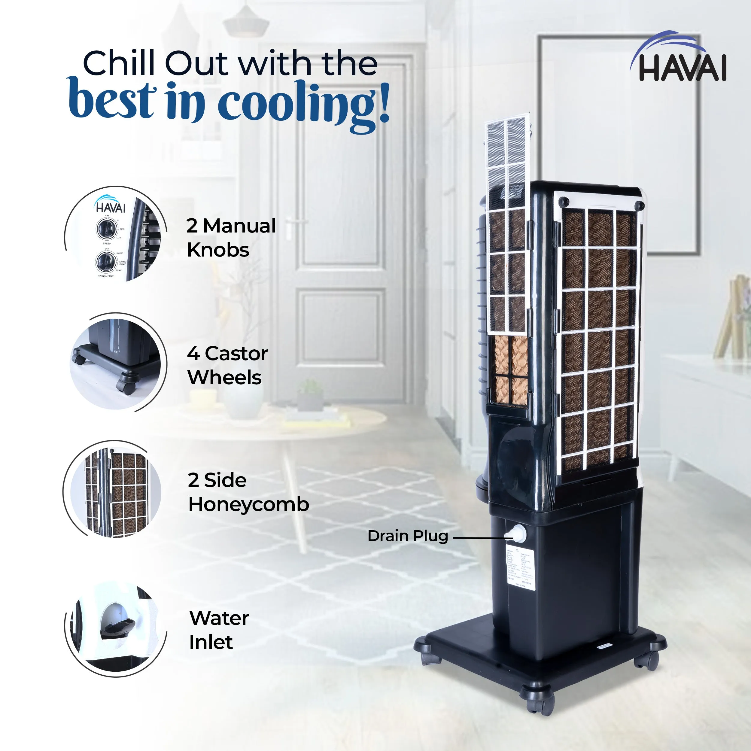 HAVAI Bullet Tower Cooler |6 Inch Vertical Blower |100 Sq Feet Area Coverage|20 Litre Tank Capacity, Two Side Honeycomb, 10 Feet Air Throw, 1 Year Warranty|3 Speed Control | White and Black Color