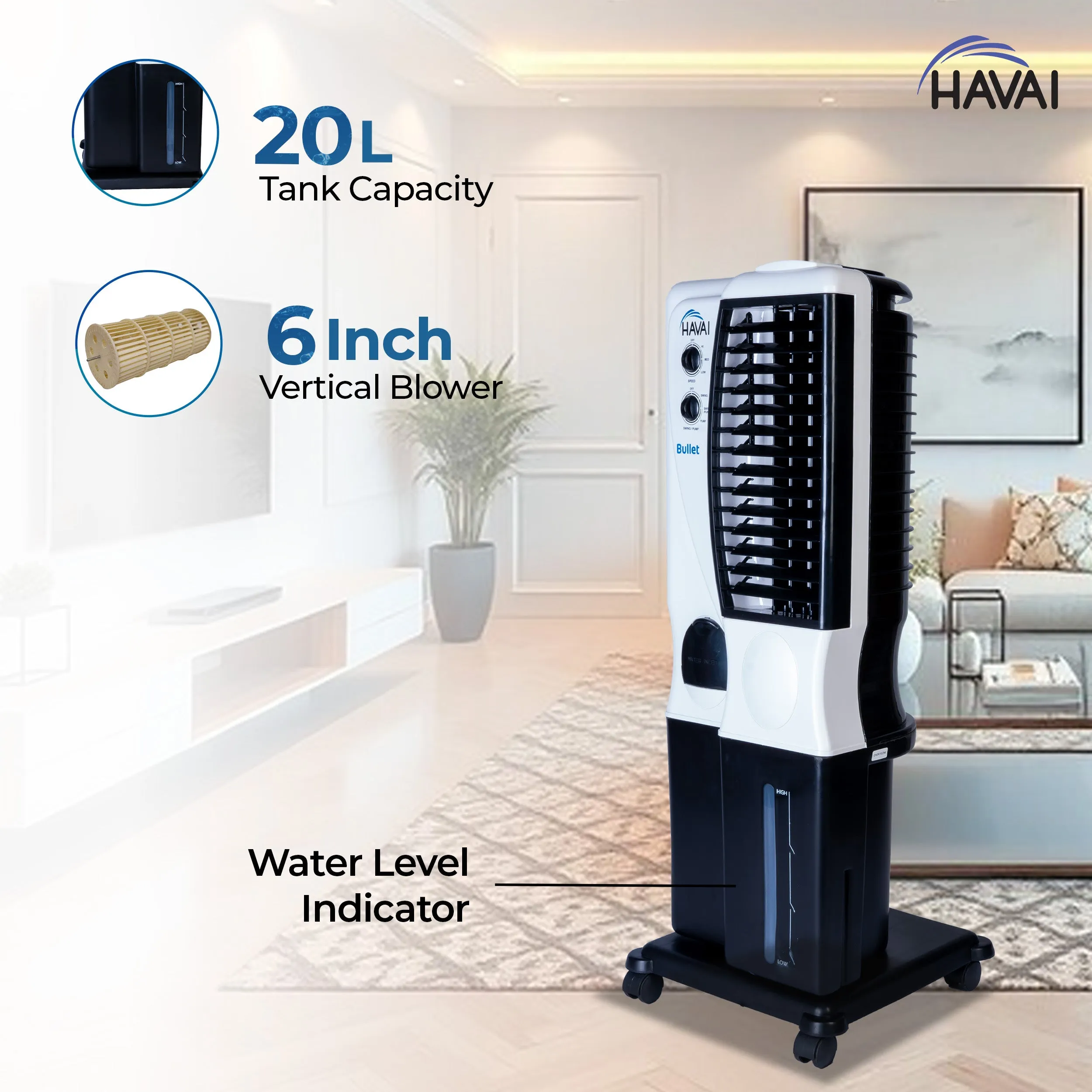 HAVAI Bullet Tower Cooler |6 Inch Vertical Blower |100 Sq Feet Area Coverage|20 Litre Tank Capacity, Two Side Honeycomb, 10 Feet Air Throw, 1 Year Warranty|3 Speed Control | White and Black Color