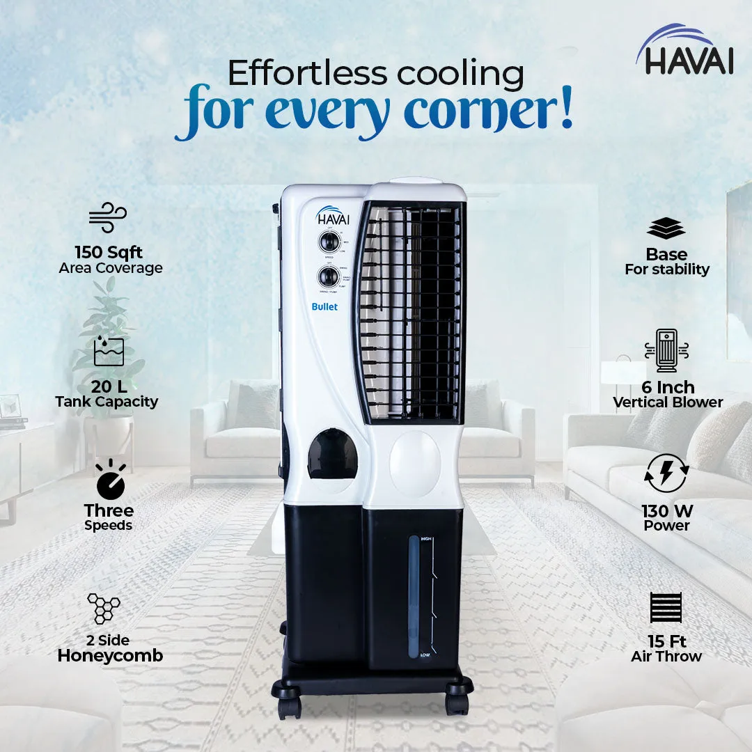 HAVAI Bullet Tower Cooler |6 Inch Vertical Blower |100 Sq Feet Area Coverage|20 Litre Tank Capacity, Two Side Honeycomb, 10 Feet Air Throw, 1 Year Warranty|3 Speed Control | White and Black Color