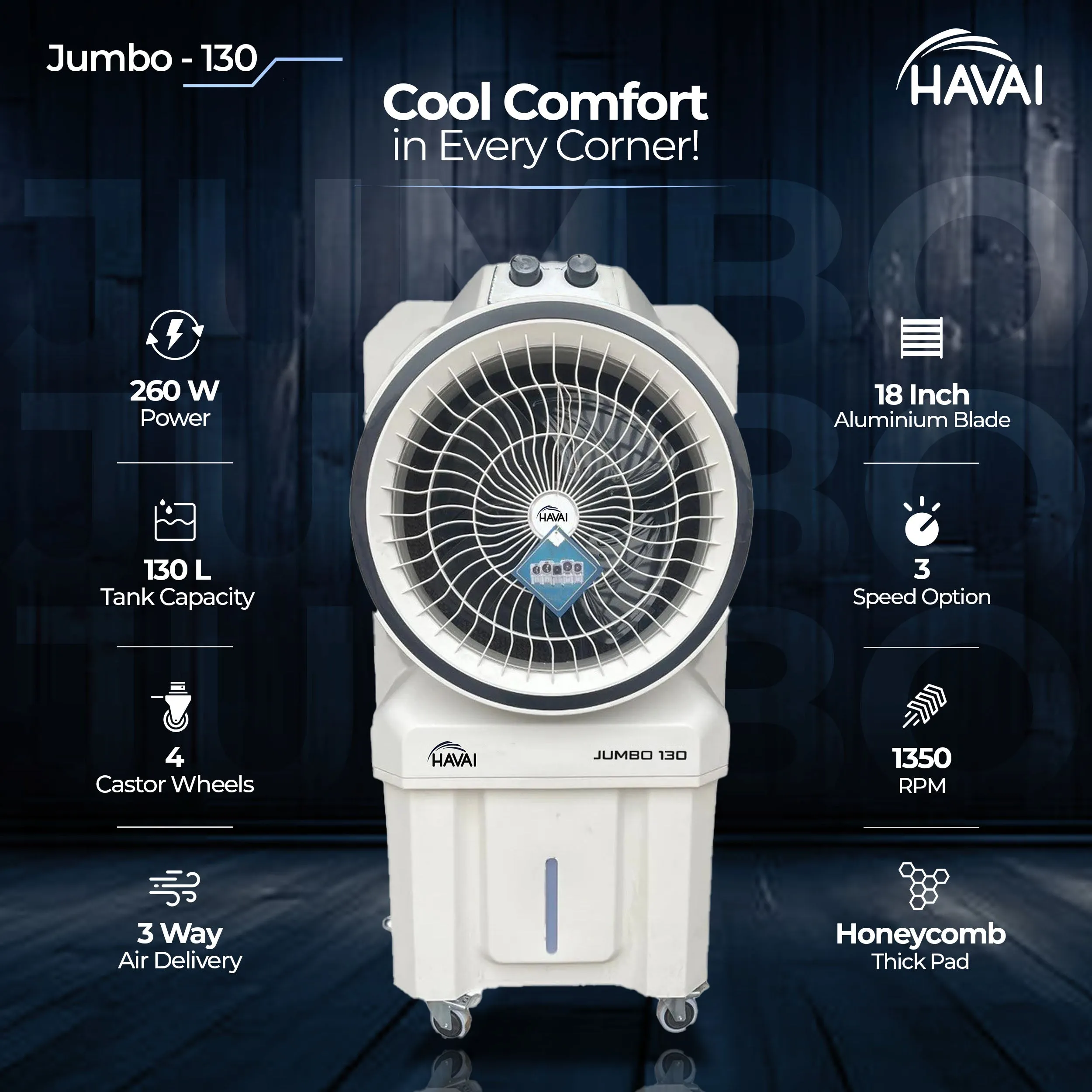 HAVAI Jumbo 130 Inch Desert Cooler - 400 Sq Ft Area Coverage - 130 L, 18 Inch Blade, Grey