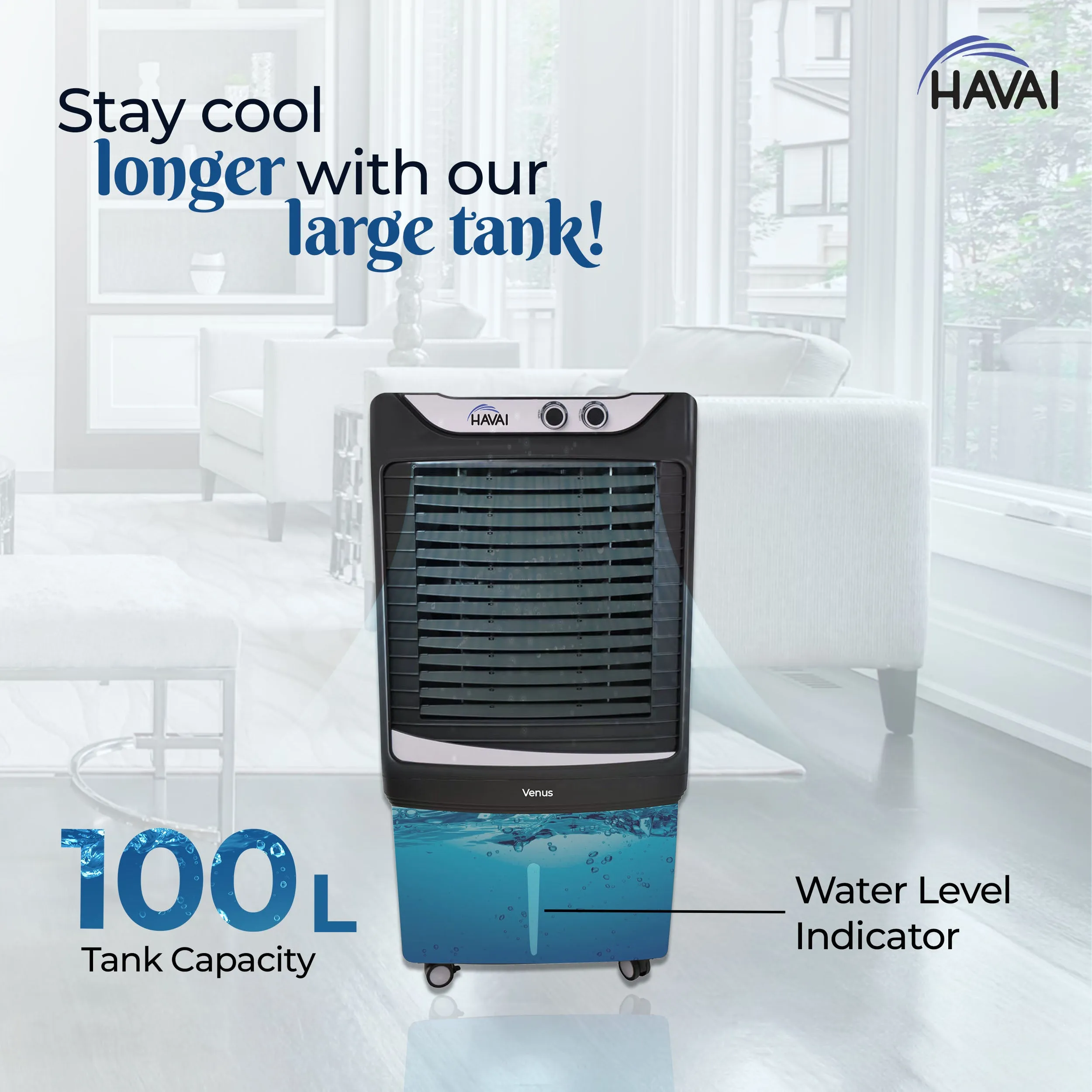 HAVAI Venus Desert Cooler with Three Side Dense Honeycomb - 100 L, 16 Inch Blade, Black