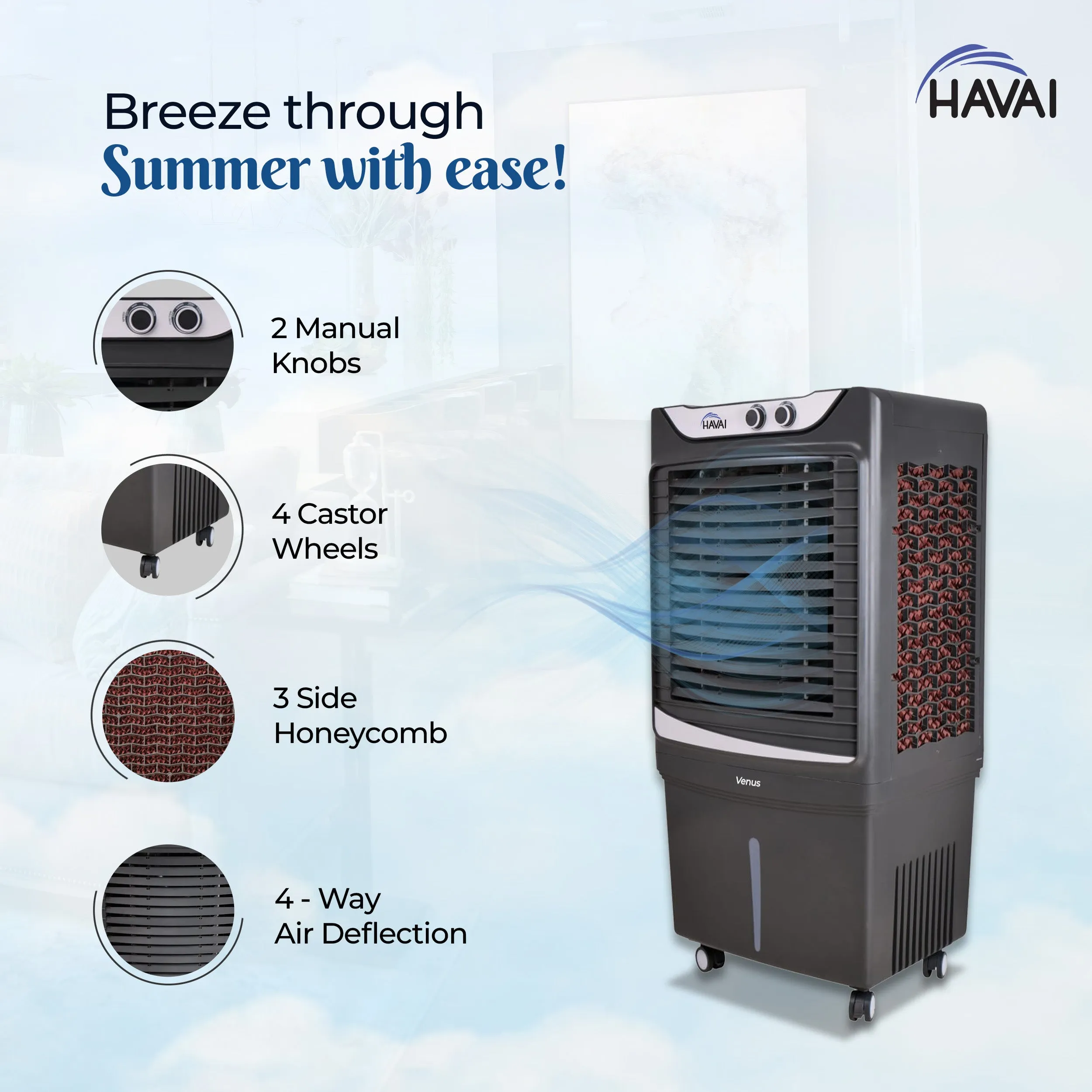 HAVAI Venus Desert Cooler with Three Side Dense Honeycomb - 100 L, 16 Inch Blade, Black