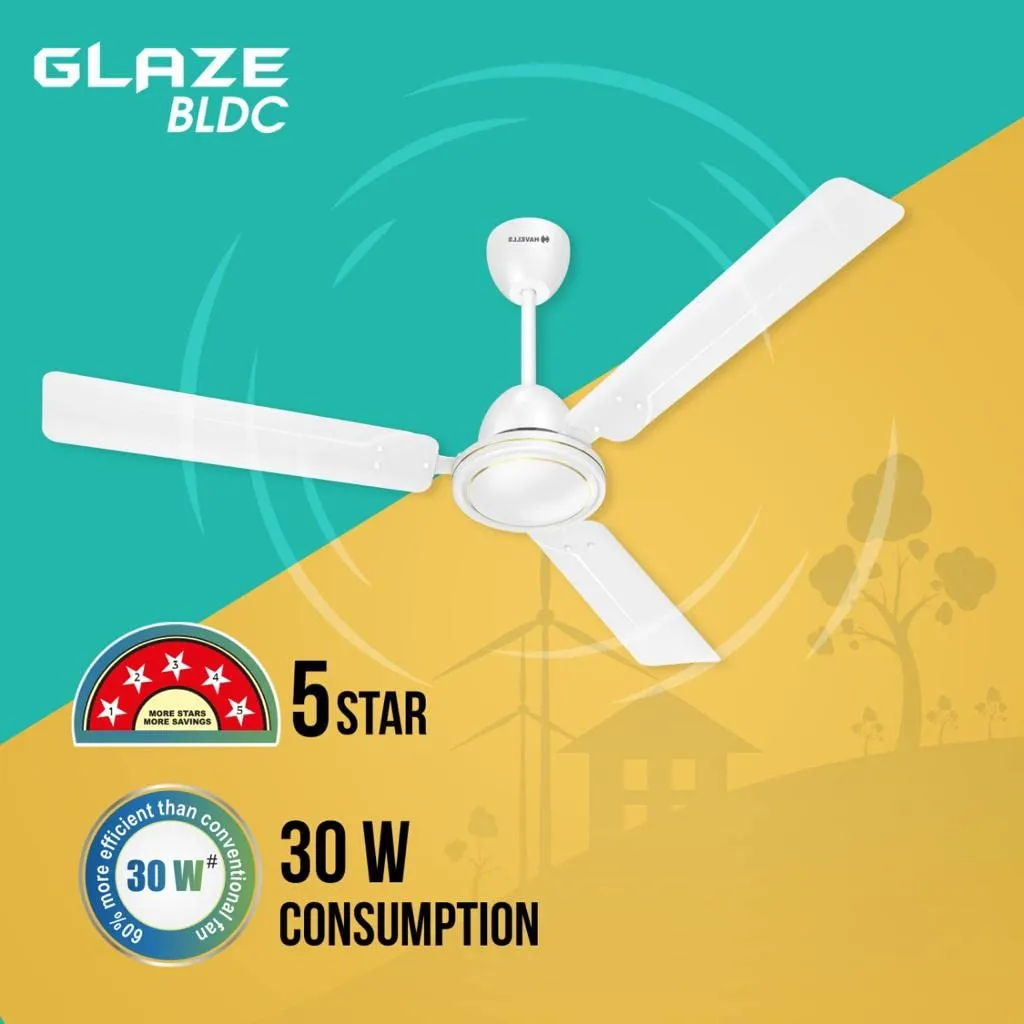 Havells Glaze Decorative BLDC 1200mm Energy Saving with Remote Control 5 Star Ceiling Fan (White, Pack of 1)