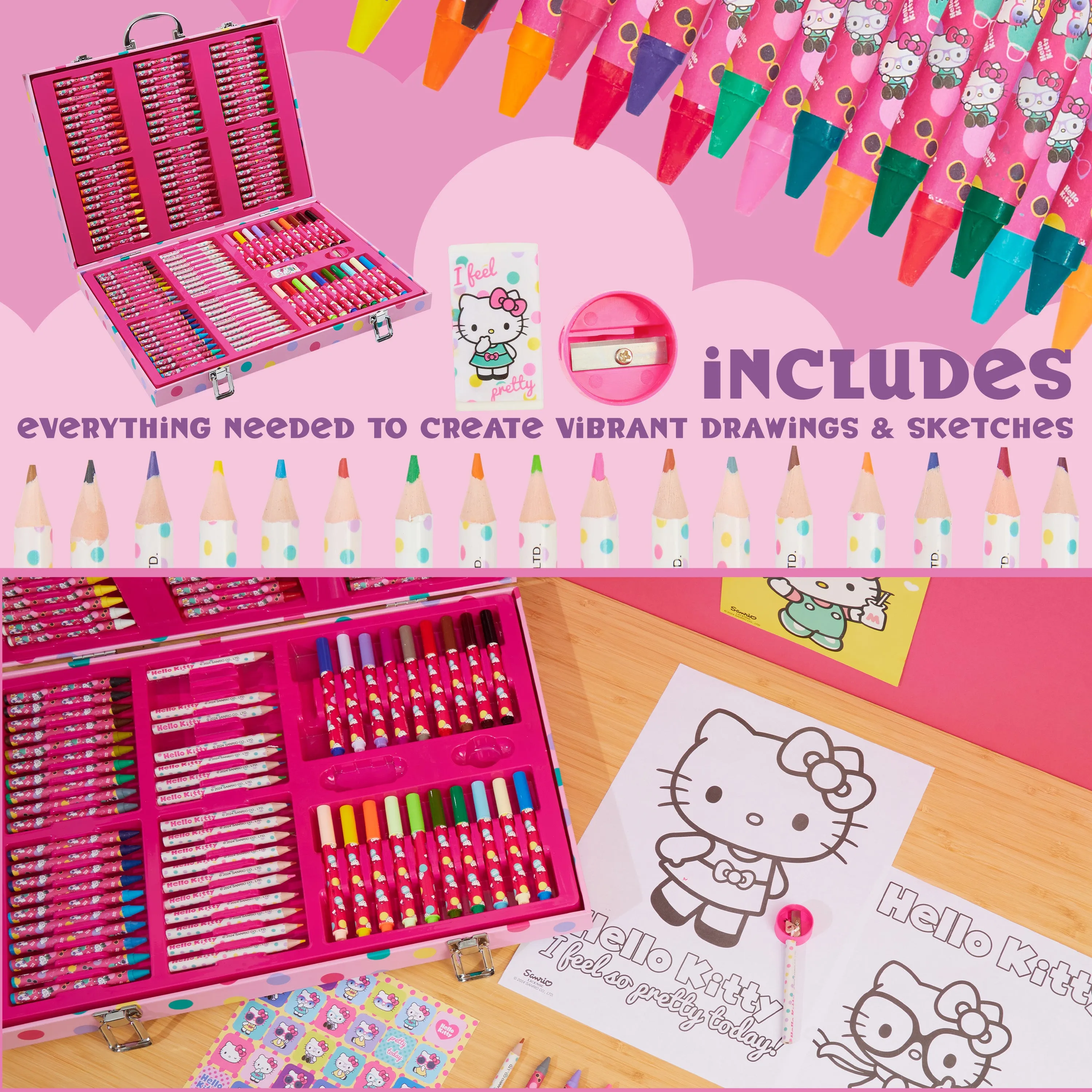 Hello Kitty Art Set for Kids with 137 Pieces, Drawing and Colouring Art Supplies in Carry Case - Kawaii Gifts for Girls