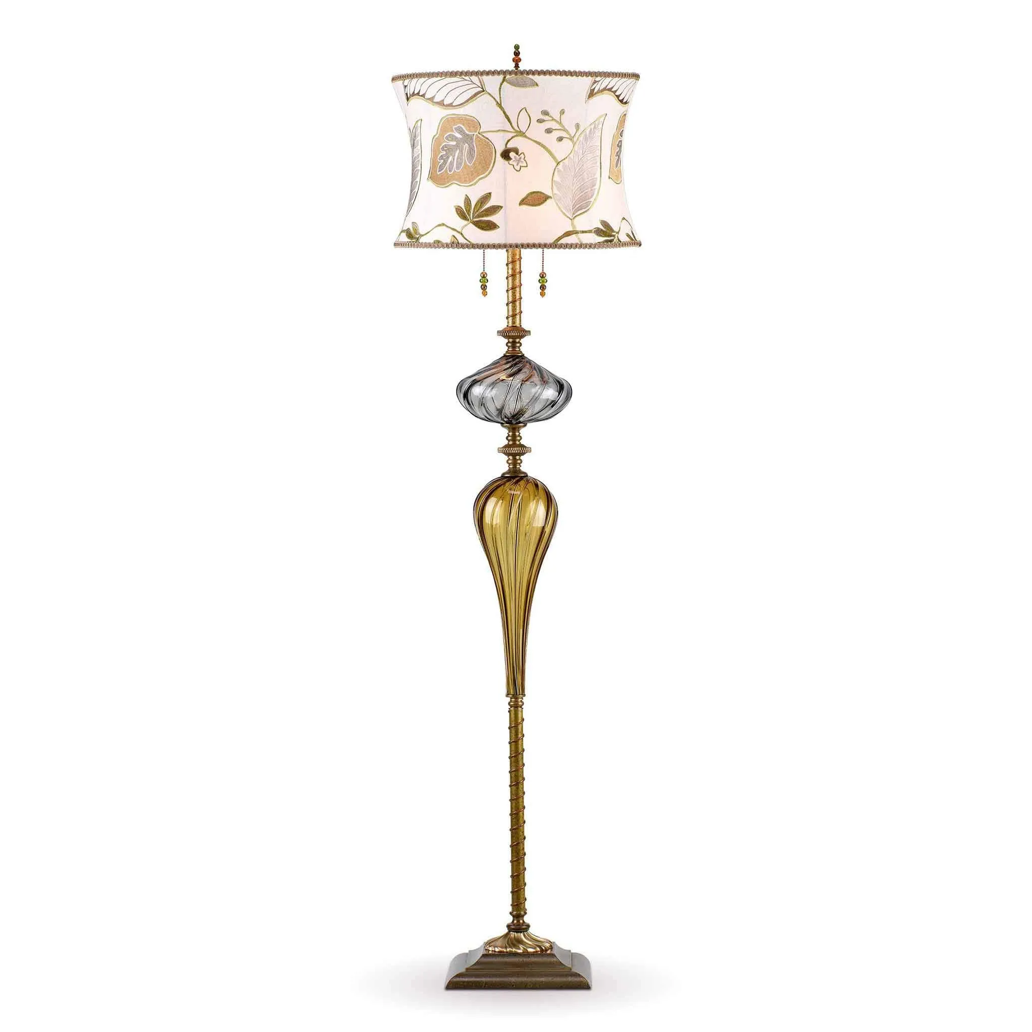 Hunter Floor Lamp F 174 I 146 by Kinzig Design, Gray, Gold Blown Glass, Cream, Green, Gold, Gray Embroidered Shade