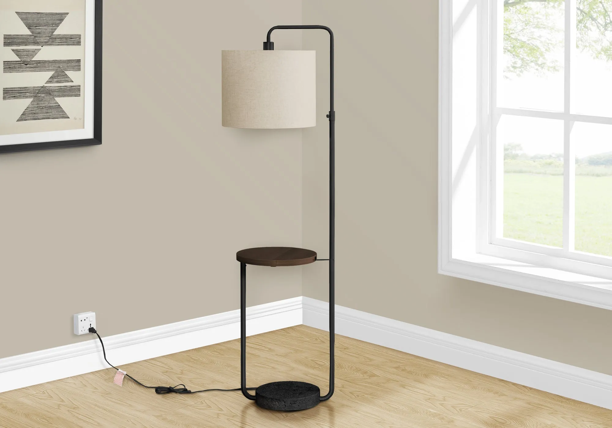 IllumiStand Pro: 67 inch Contemporary Floor Lamp with USB Port - Black Metal & Ivory Shade