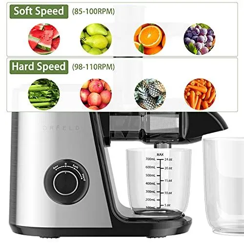 Juicer Machines, ORFELD Slow Masticating Juicer Extractor Easy to Clean, Quiet Motor and Reverse Function, Cold Press Juicer for Vegetable and Fruit Carrots, Oranges and Celery etc (Silver)