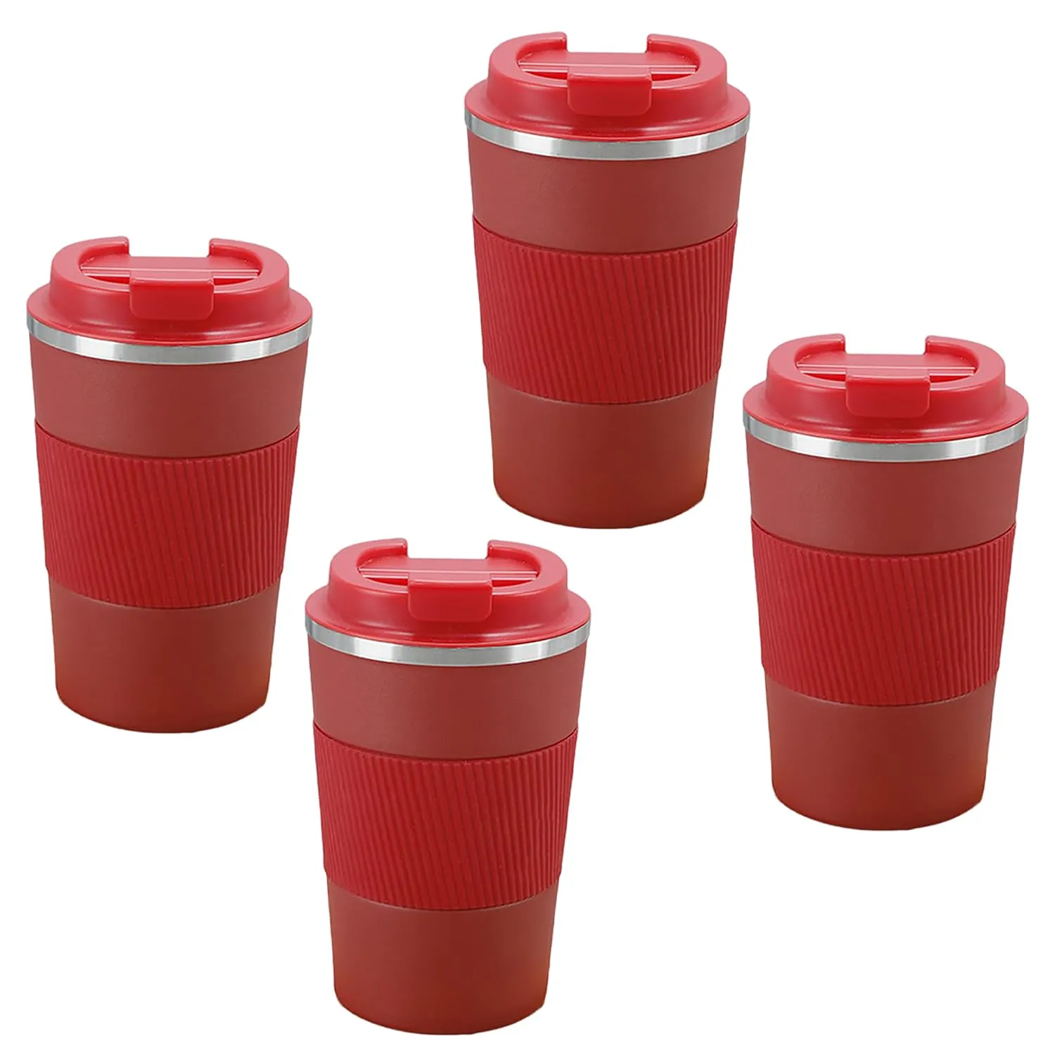 Kuber Industries Stainless Steel Insulated Coffee Mug with Sleeve|Travel Coffee Mug 380 ML-Pack of 4|Red|