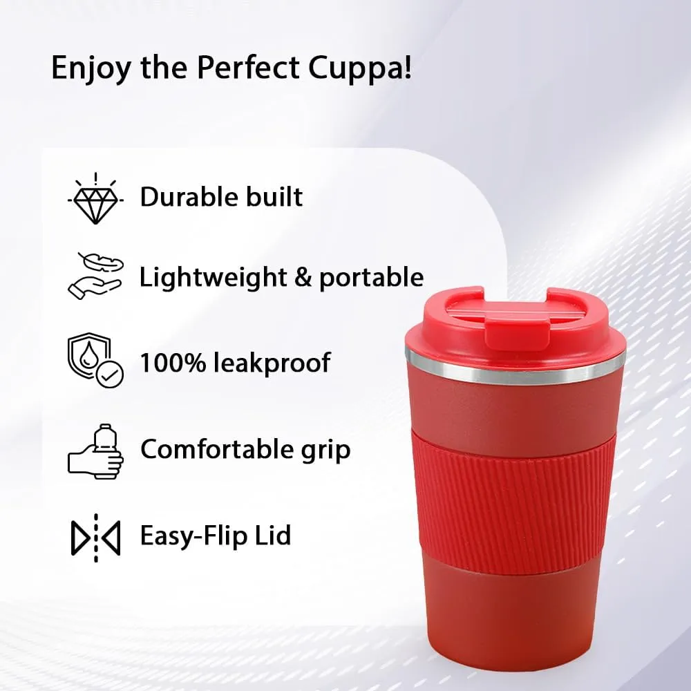 Kuber Industries Stainless Steel Insulated Coffee Mug with Sleeve|Travel Coffee Mug 380 ML-Pack of 4|Red|