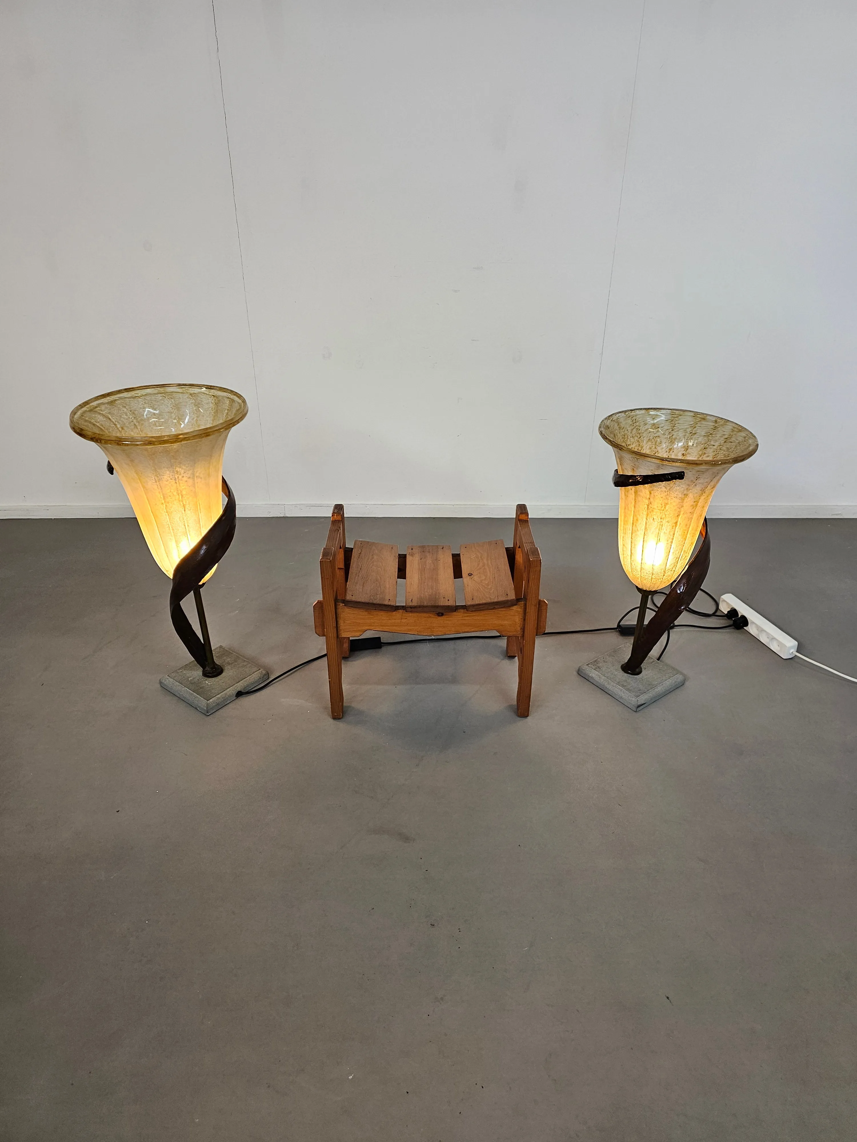 Large Jugendstil Floor / Table Lamps / Roberto Galli / Stone Base With Italian Glass Shade